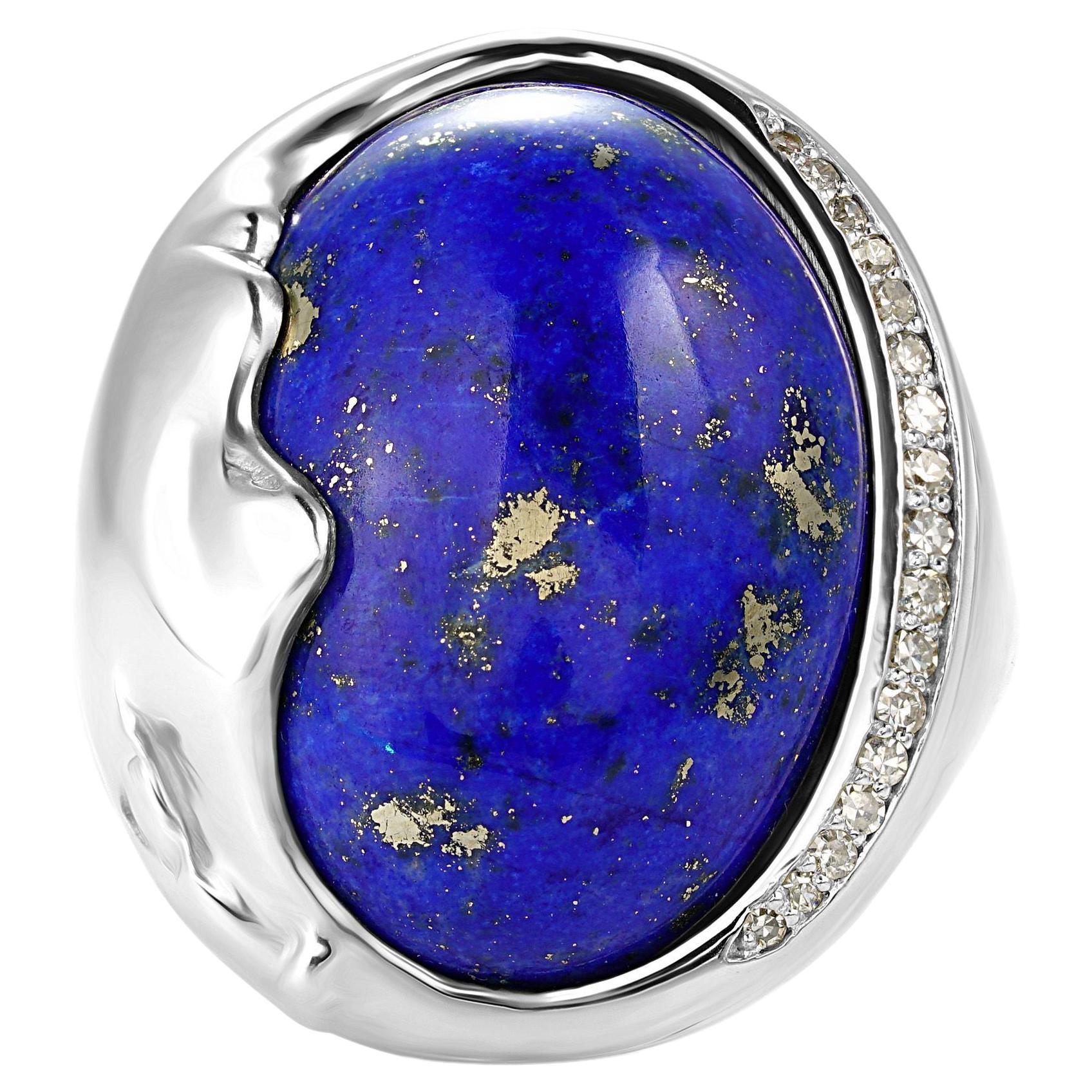 Lapis Lazuli Diamond Mid-Century Modern Gold Cocktail Ring Estate Fine Jewelry For Sale