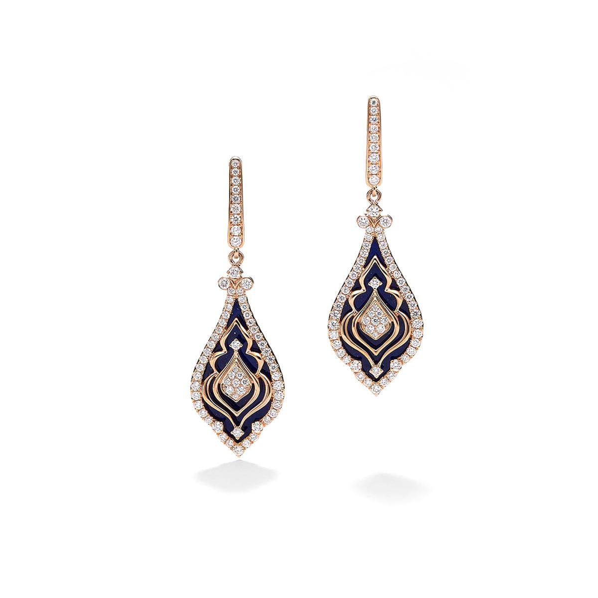 Earrings in 18kt pink gold set with 128 diamonds 1.12 cts and 2 lapis lazuli 4.88 cts               
