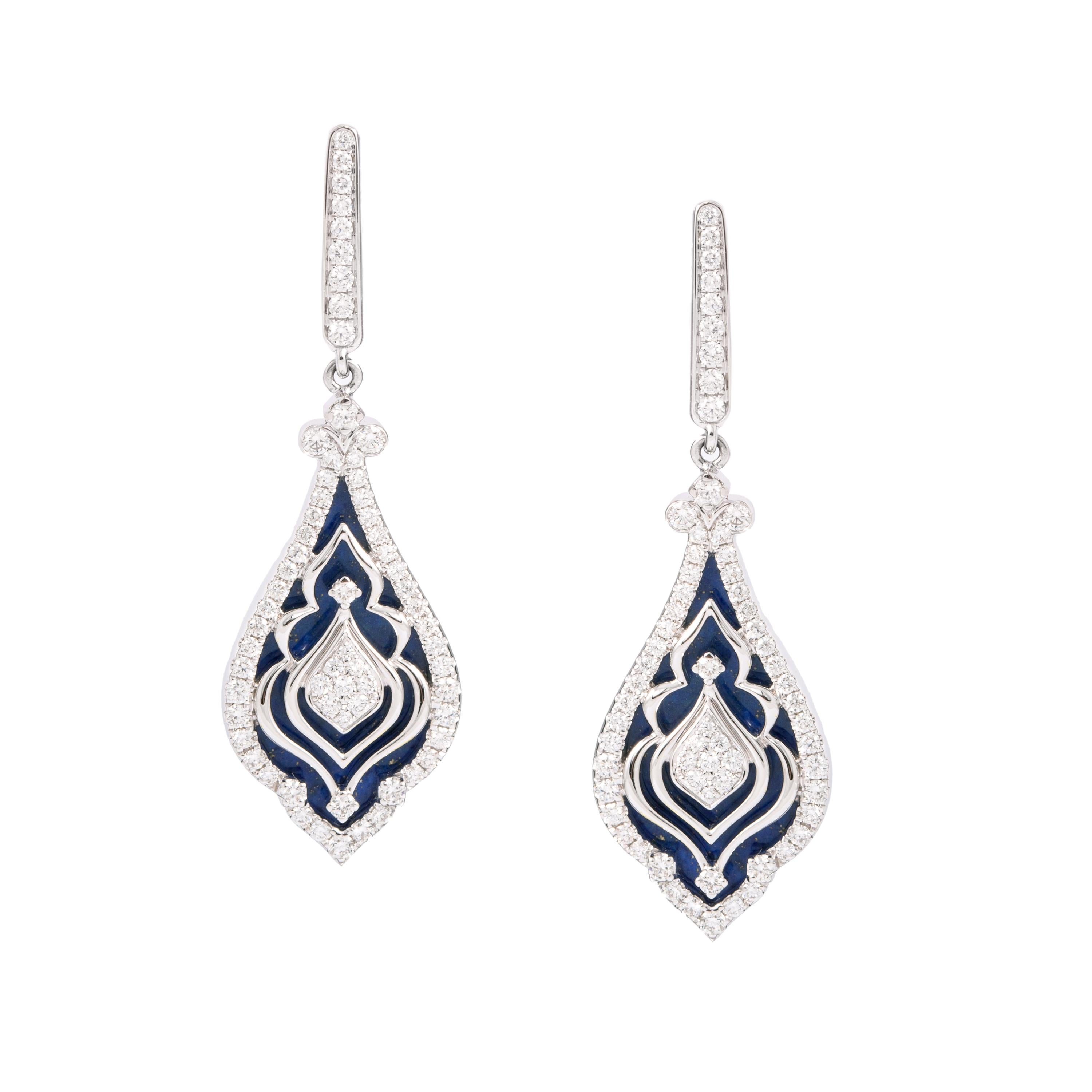Earrings in 18kt white gold set with 128 diamonds 1.14 cts and 2 lapis lazuli 5.09 cts