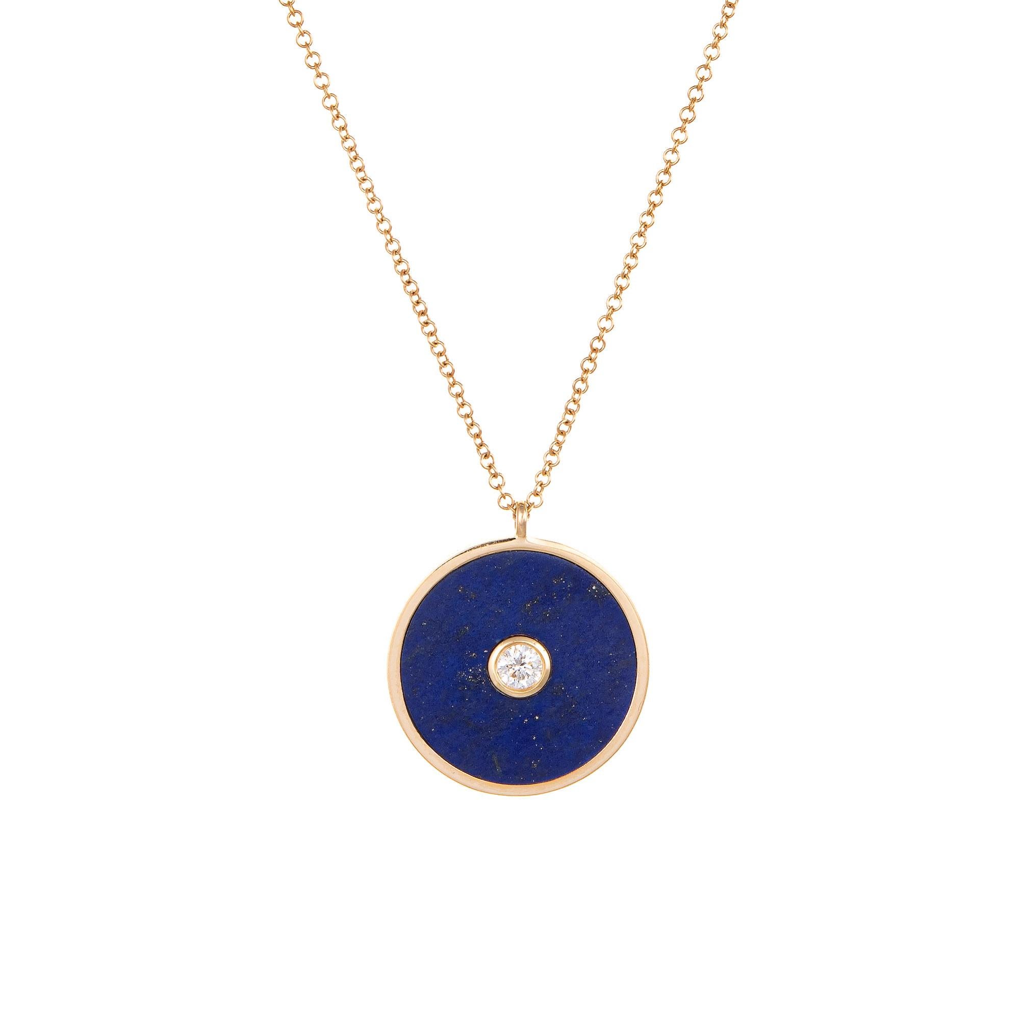 Lapislazuli-Diamant-Anhänger rund Estate 14 Karat Gelbgold Kette (Rundschliff)
