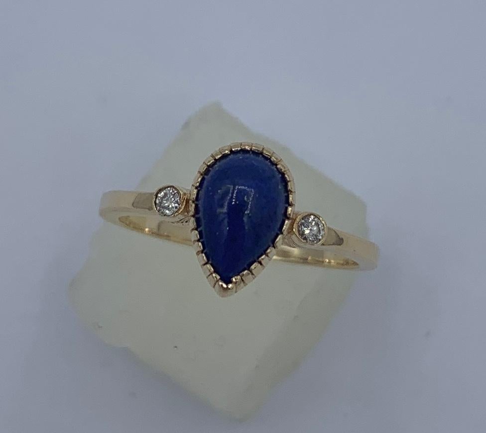 Pear Cut Lapis Lazuli Diamond Ring 14 Karat Yellow Gold Retro Mid-Century Modern For Sale