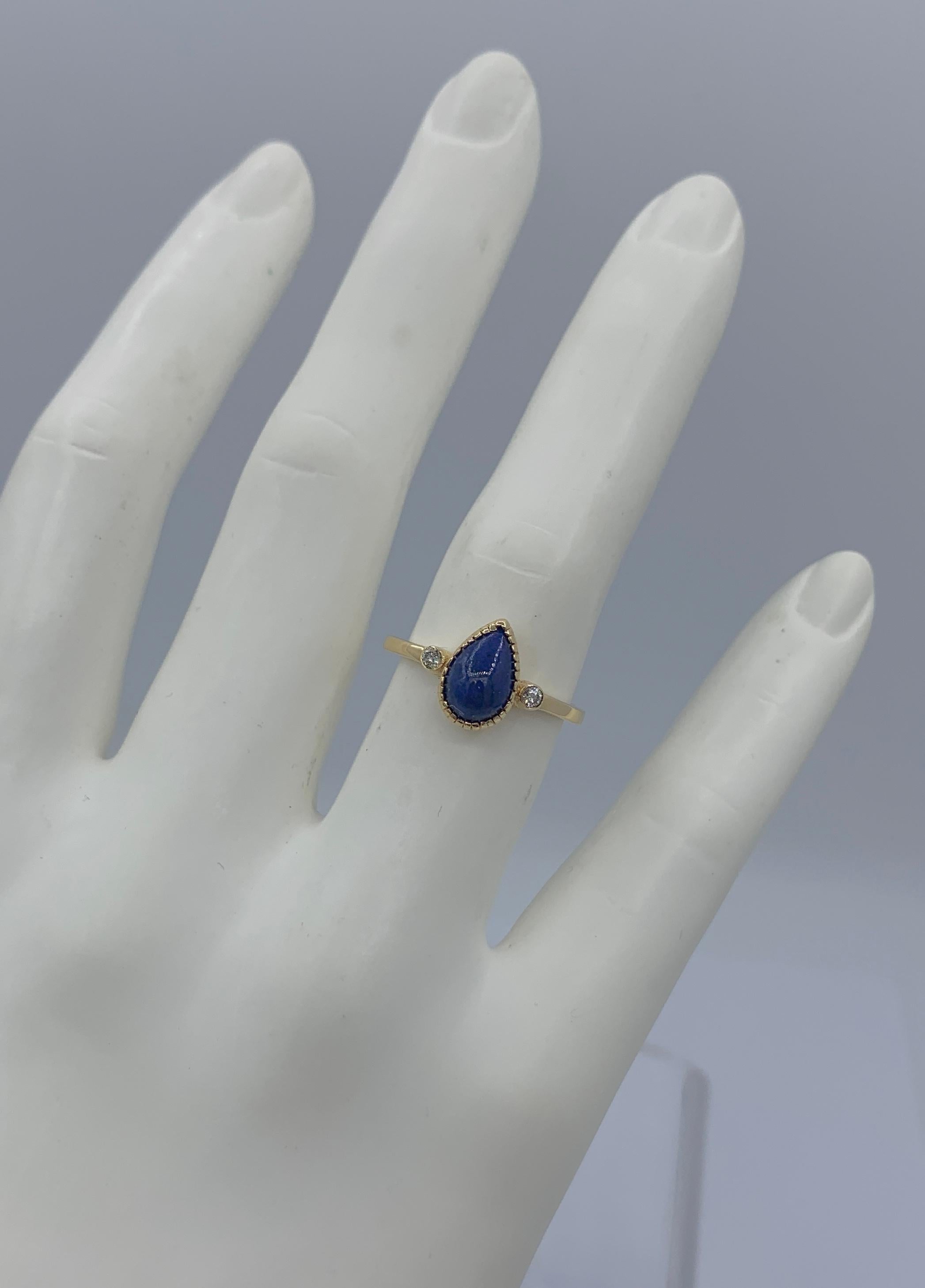 Women's Lapis Lazuli Diamond Ring 14 Karat Yellow Gold Retro Mid-Century Modern For Sale
