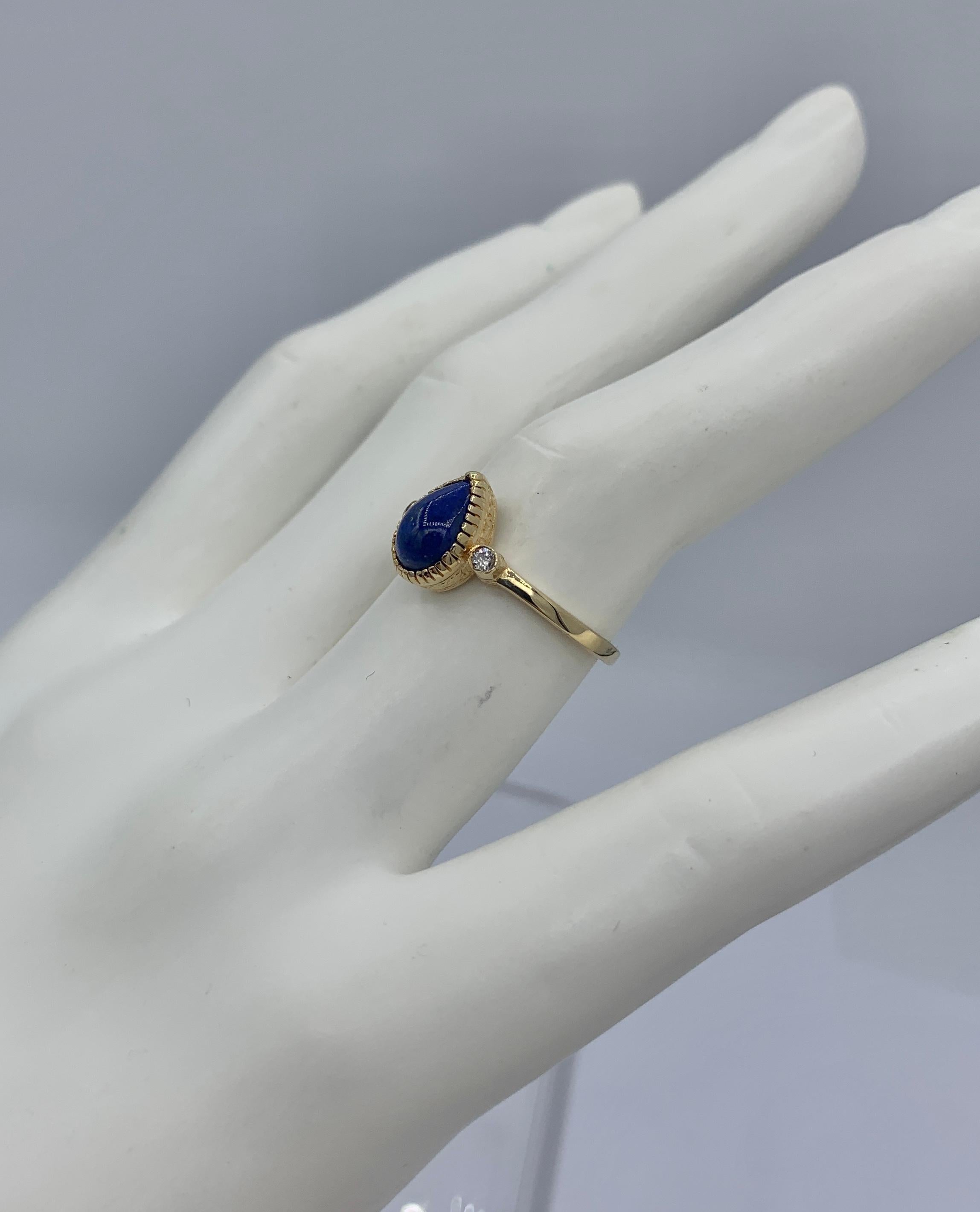 Lapis Lazuli Diamond Ring 14 Karat Yellow Gold Retro Mid-Century Modern For Sale 1