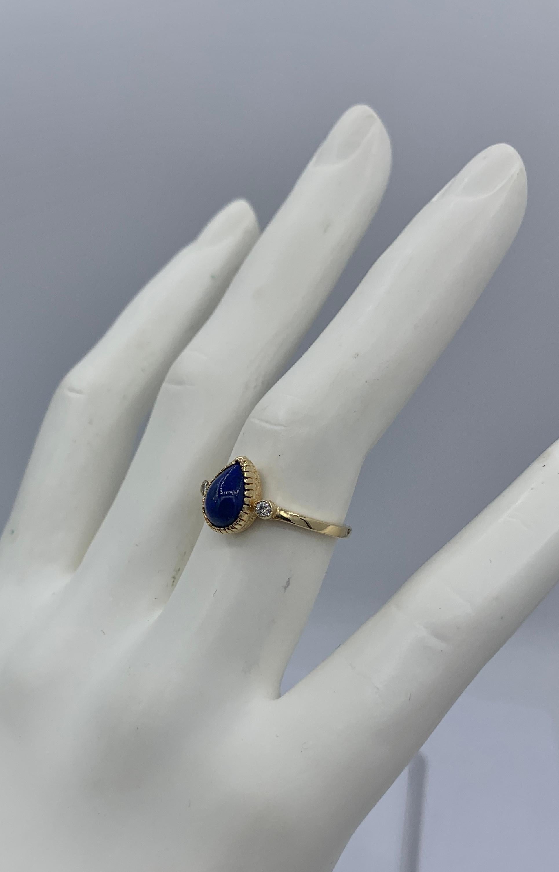 Lapis Lazuli Diamond Ring 14 Karat Yellow Gold Retro Mid-Century Modern For Sale 2