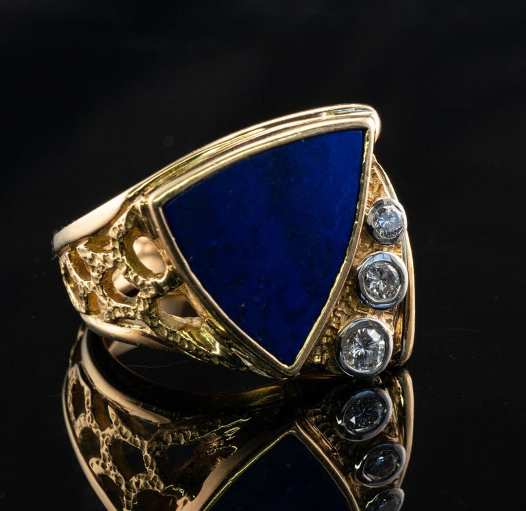 Lapis Lazuli Diamond Ring 18K Gold Geometric Vintage For Sale 7