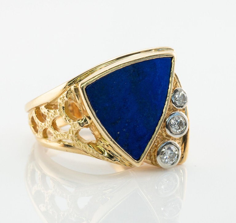 Trillion Cut Lapis Lazuli Diamond Ring 18K Gold Geometric Vintage For Sale