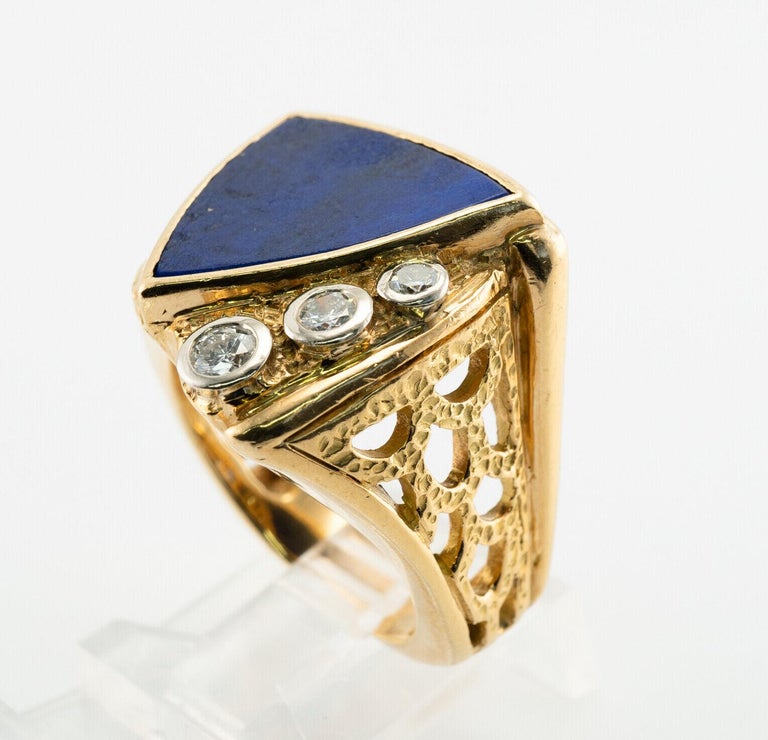 Lapis Lazuli Diamond Ring 18K Gold Geometric Vintage For Sale 2