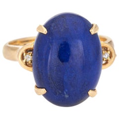 Lapis Lazuli Diamond Ring Vintage 14 Karat Yellow Gold Estate Fine Jewelry