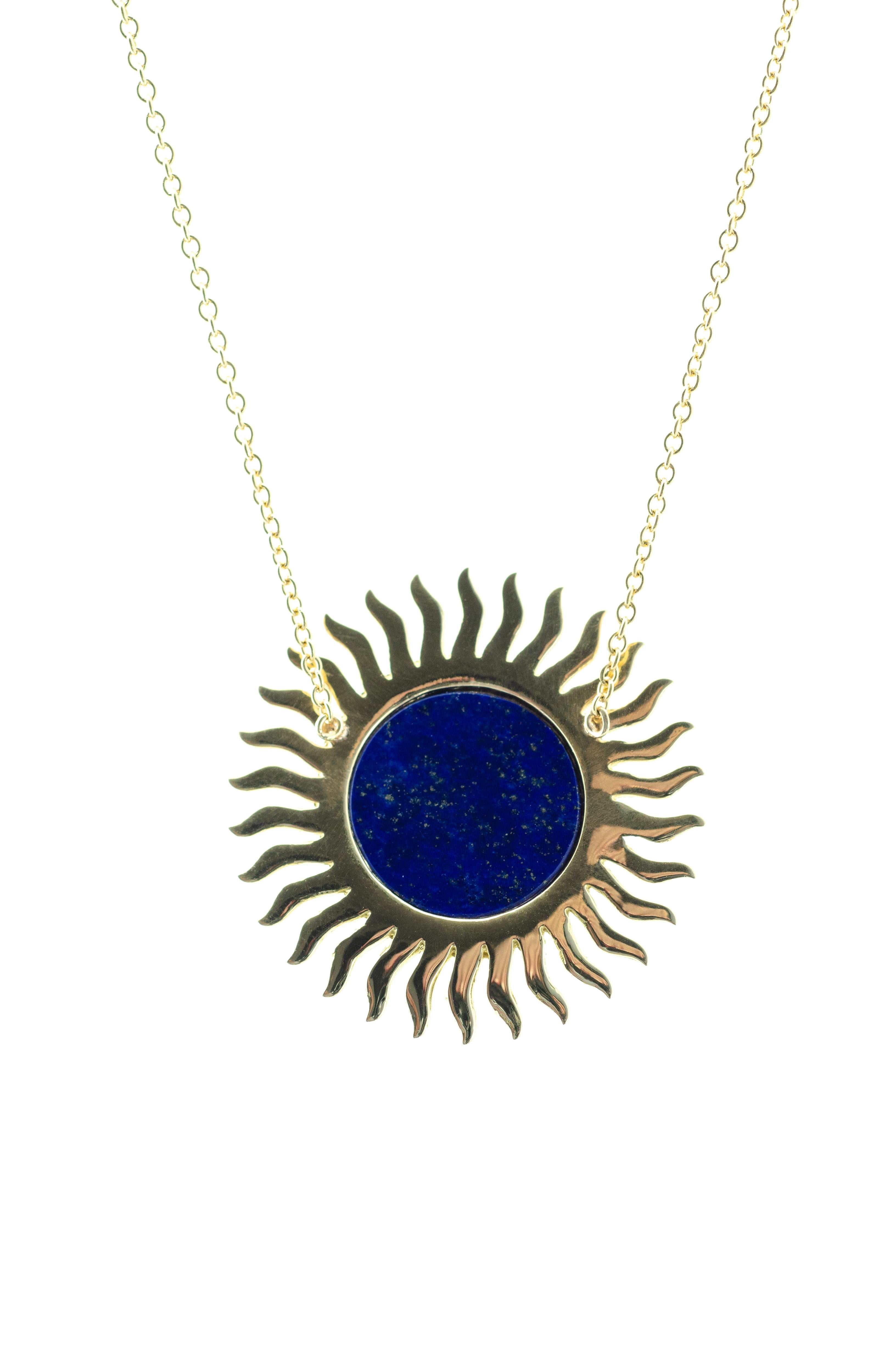 Brilliant Cut Lapis Lazuli & Diamond Solar Gold Necklace For Sale