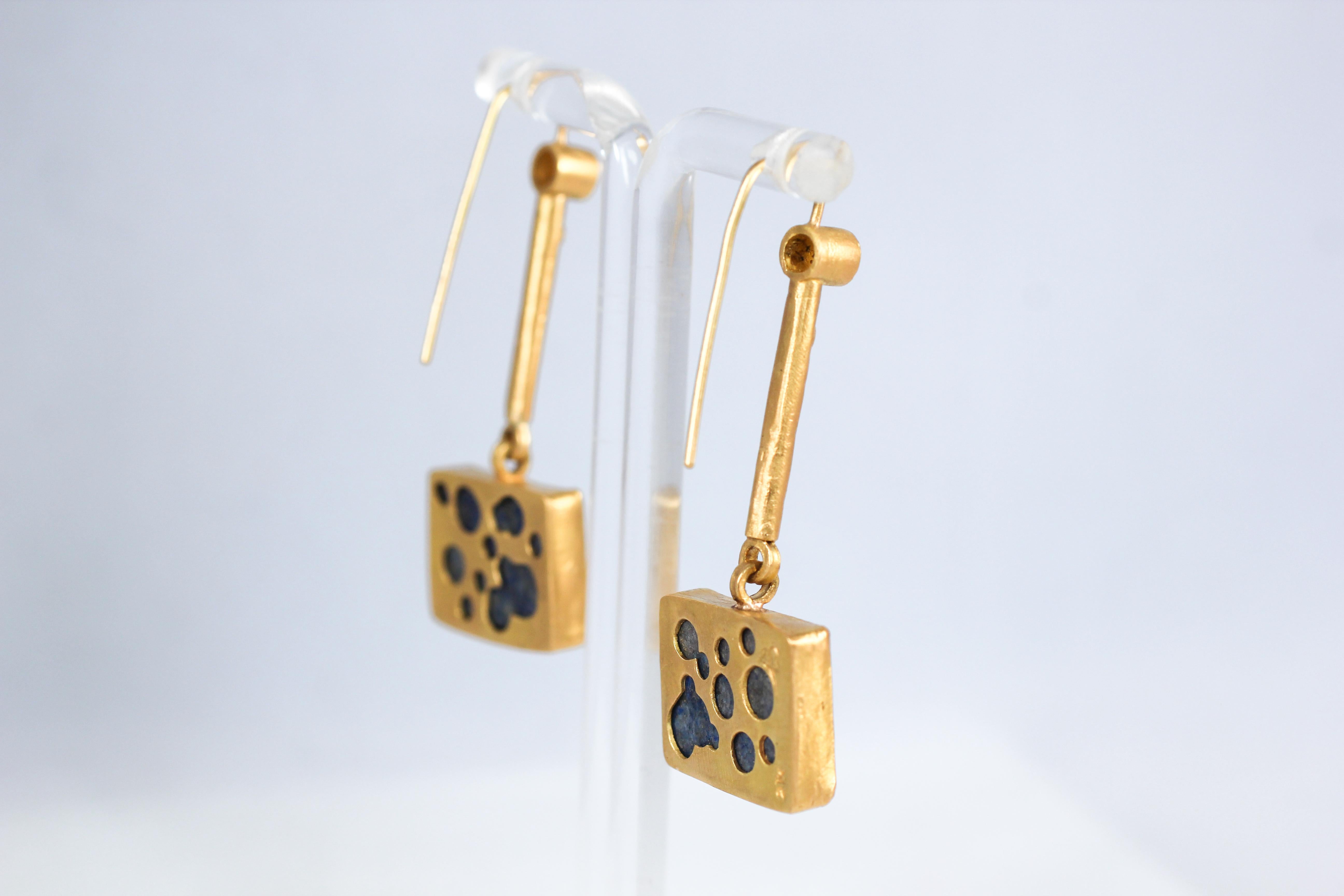Lapis Lazuli Diamond Solid 22 Karat Gold Dangle Drop Contemporary Earrings For Sale 2