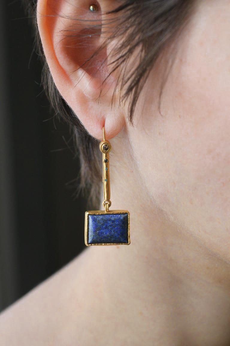 Lapis Lazuli Diamond Solid 22 Karat Gold Dangle Drop Contemporary Earrings For Sale 3