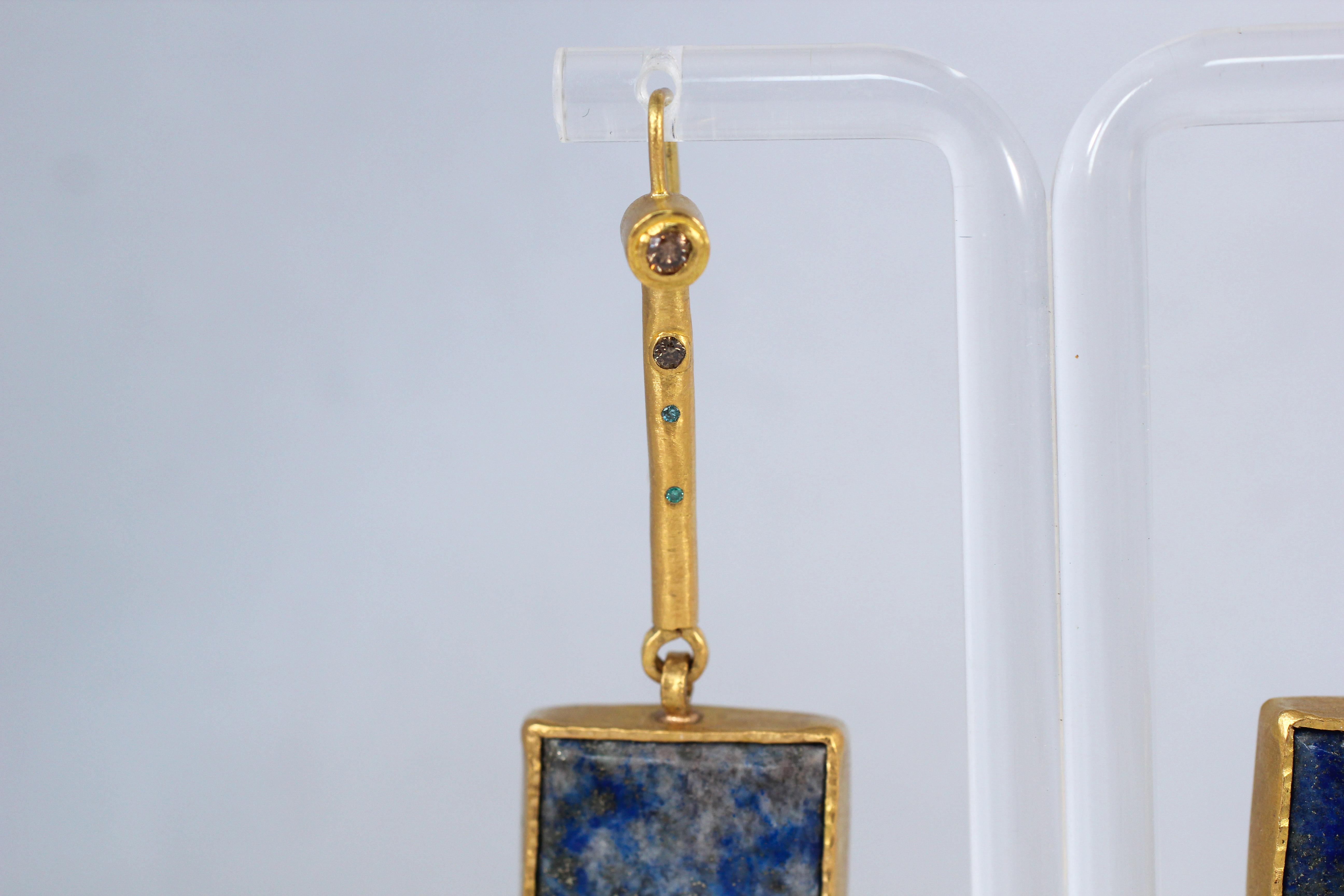 Baguette Cut Lapis Lazuli Diamond Solid 22K Gold Dangle Drop Contemporary Earrings For Sale
