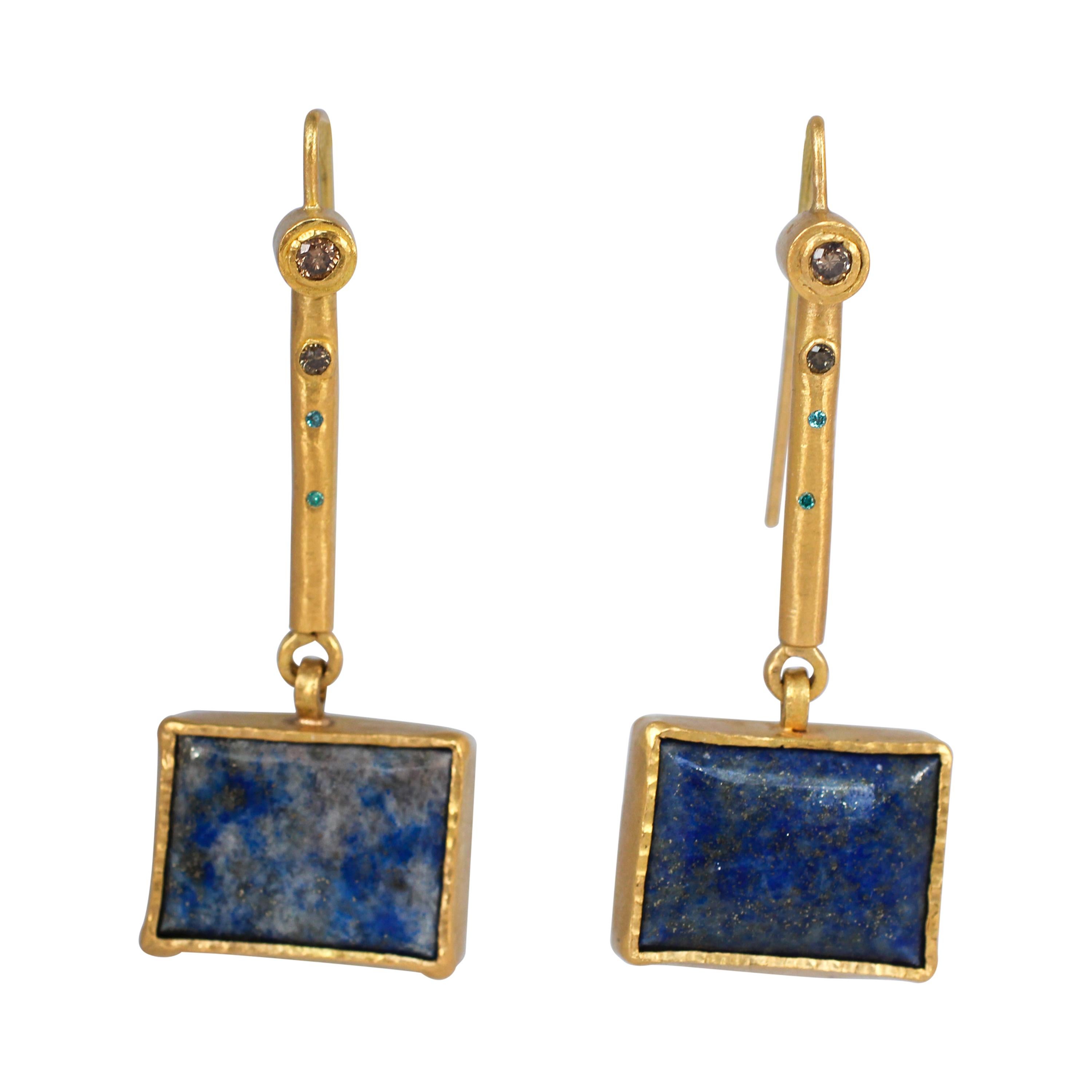 Pendants d'oreilles contemporains Lapis Lazuli Diamant Or massif 22K