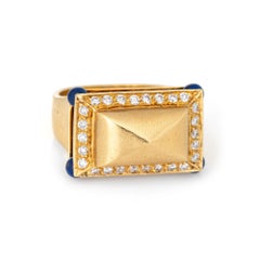 Lapis Lazuli Diamond Temple Ring Vintage 18k Yellow Gold Square Mount Jewelry