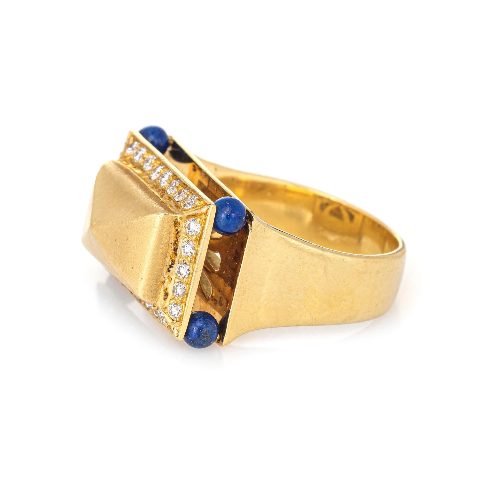 Modern Lapis Lazuli Diamond Temple Ring Vintage 18k Yellow Gold Square Mount Jewelry