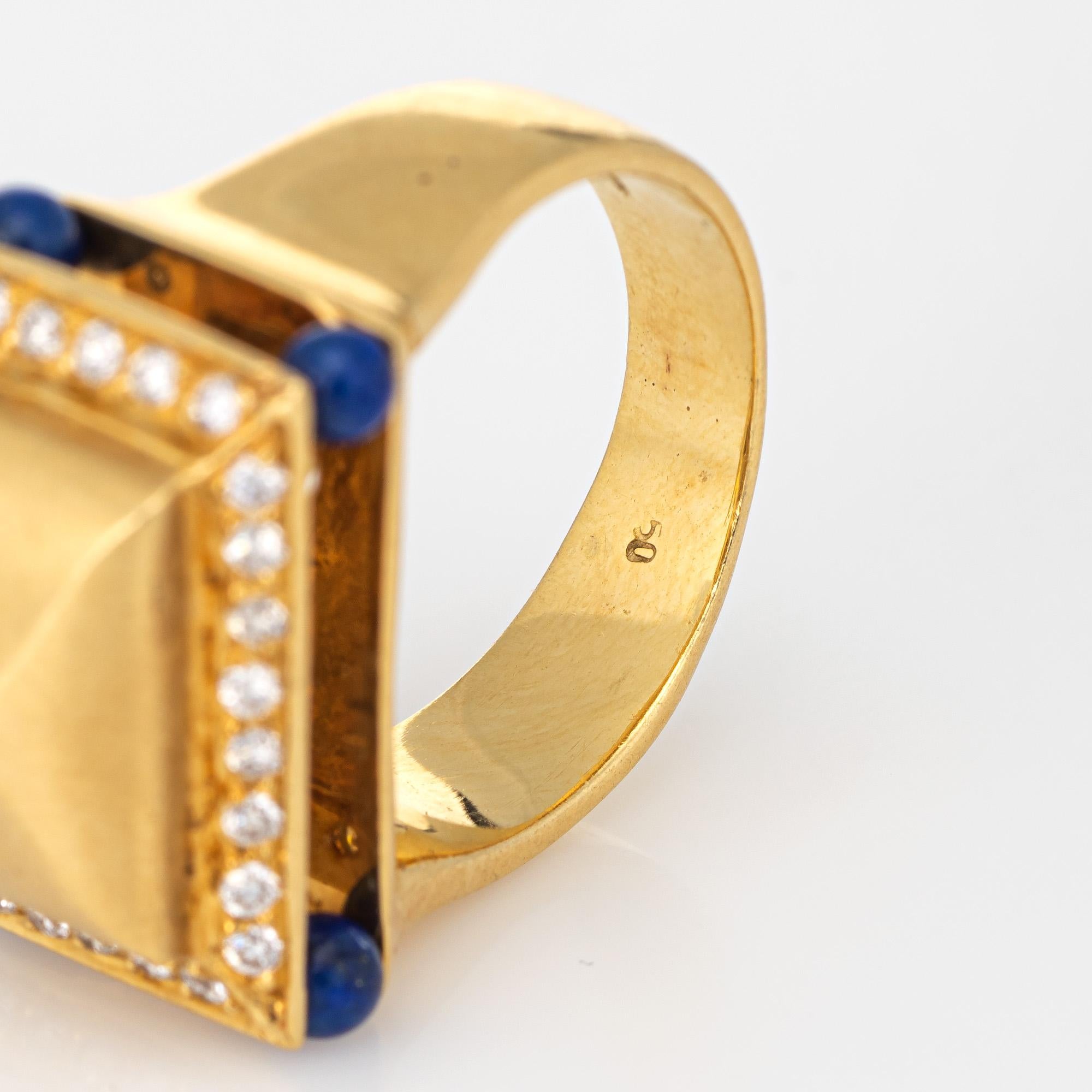 Women's Lapis Lazuli Diamond Temple Ring Vintage 18k Yellow Gold Square Mount Jewelry