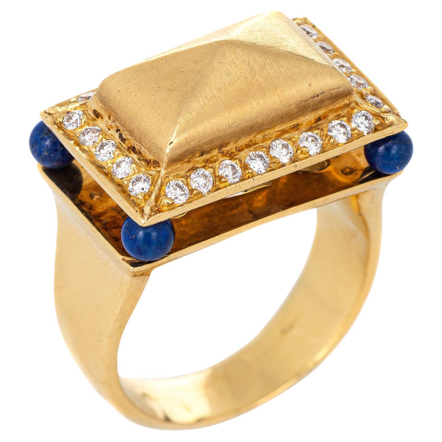 Lapis Lazuli Diamond Temple Ring Vintage 18k Yellow Gold Square Mount Jewelry