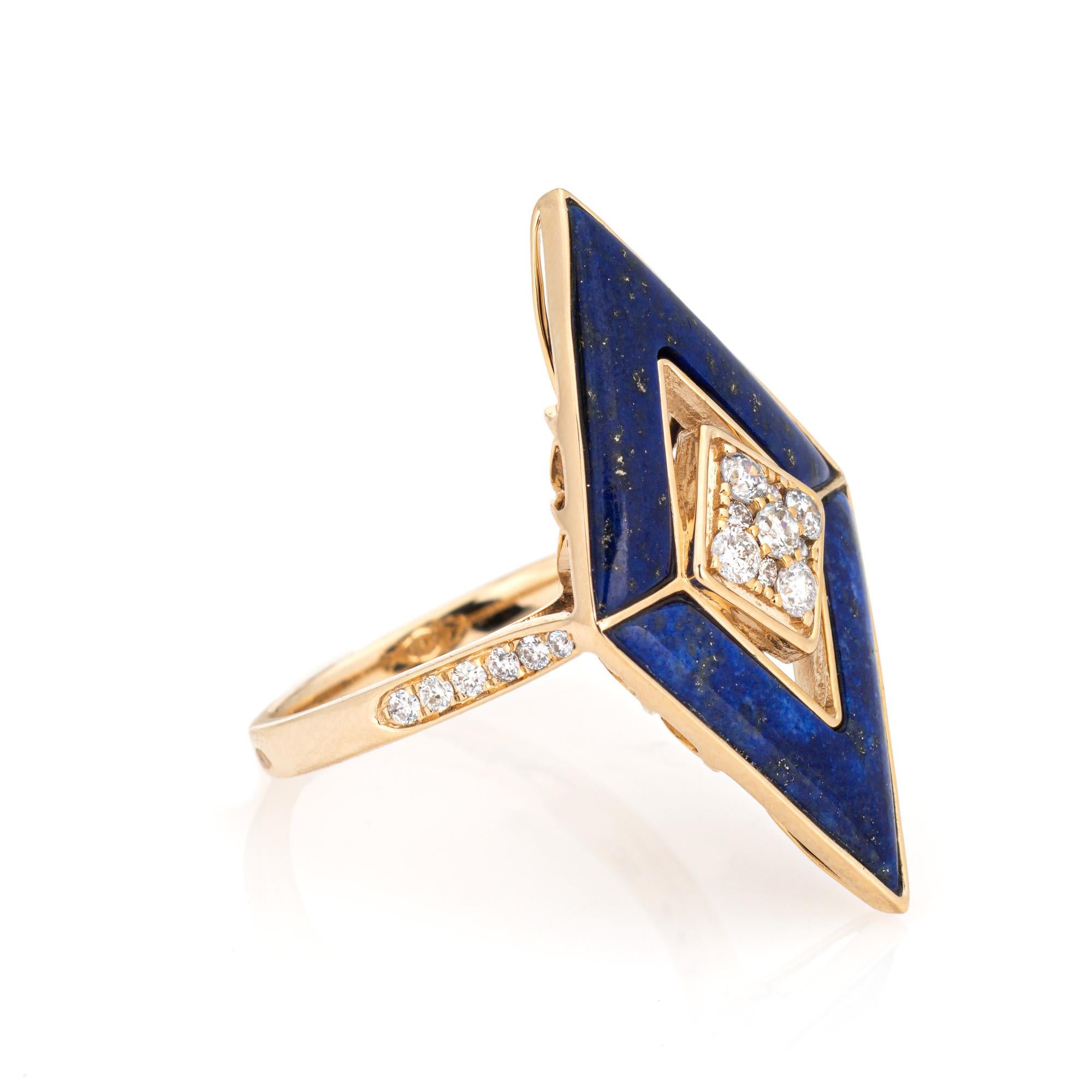 Modern Lapis Lazuli Diamond Triangle Ring Estate 14k Yellow Gold Cocktail Jewelry Sz 7 For Sale
