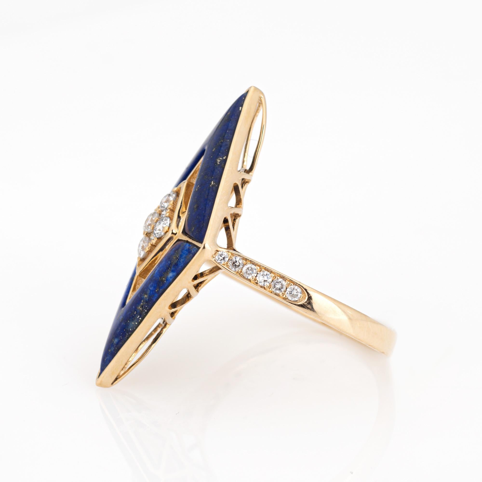 Round Cut Lapis Lazuli Diamond Triangle Ring Estate 14k Yellow Gold Cocktail Jewelry Sz 7 For Sale