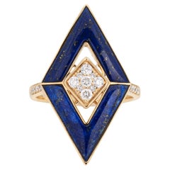Lapis Lazuli Diamond Triangle Ring Estate 14k Yellow Gold Cocktail Jewelry Sz 7