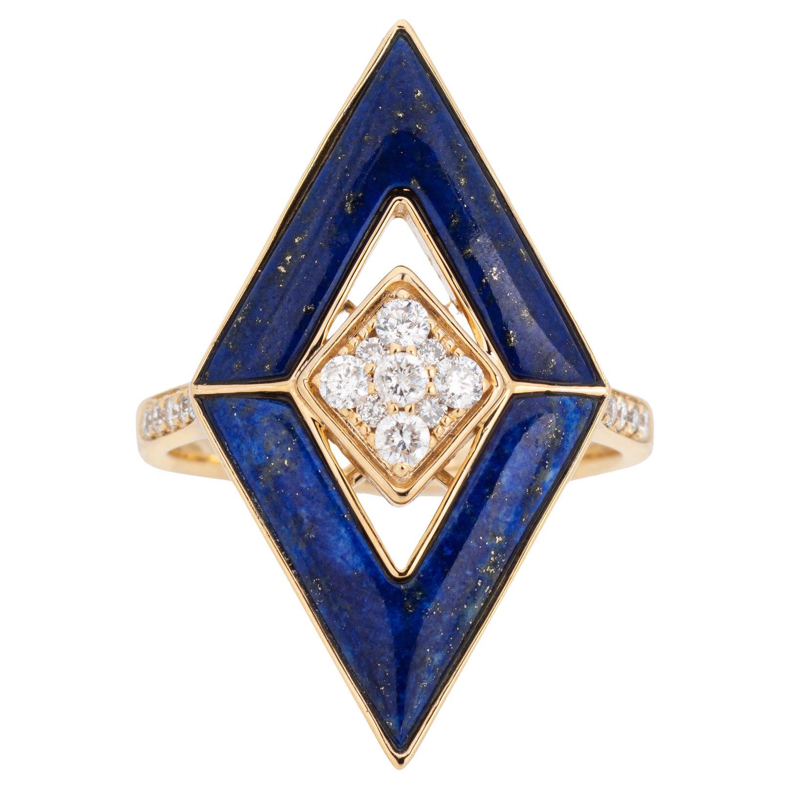 Bague triangulaire de succession en or jaune 14 carats, lapis-lazuli et diamants, taille 7