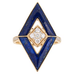 Bague triangulaire de succession en or jaune 14 carats, lapis-lazuli et diamants, taille 7