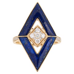 Lapislazuli Diamant Dreieckiger Ring Nachlass 14k Gelbgold Cocktail-Schmuck Gr. 7