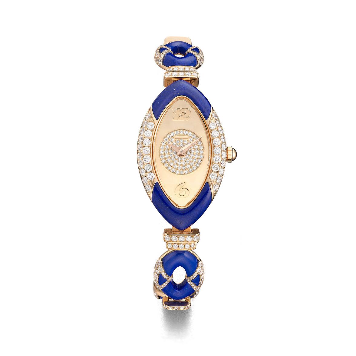 Watch in pink gold 18kt set with 26 lapis lazuli 19.48 cts, case dial and bracelet set with 393 diamonds 3.41 cts quartz movement.

We do not guarantee the functioning of this watch.