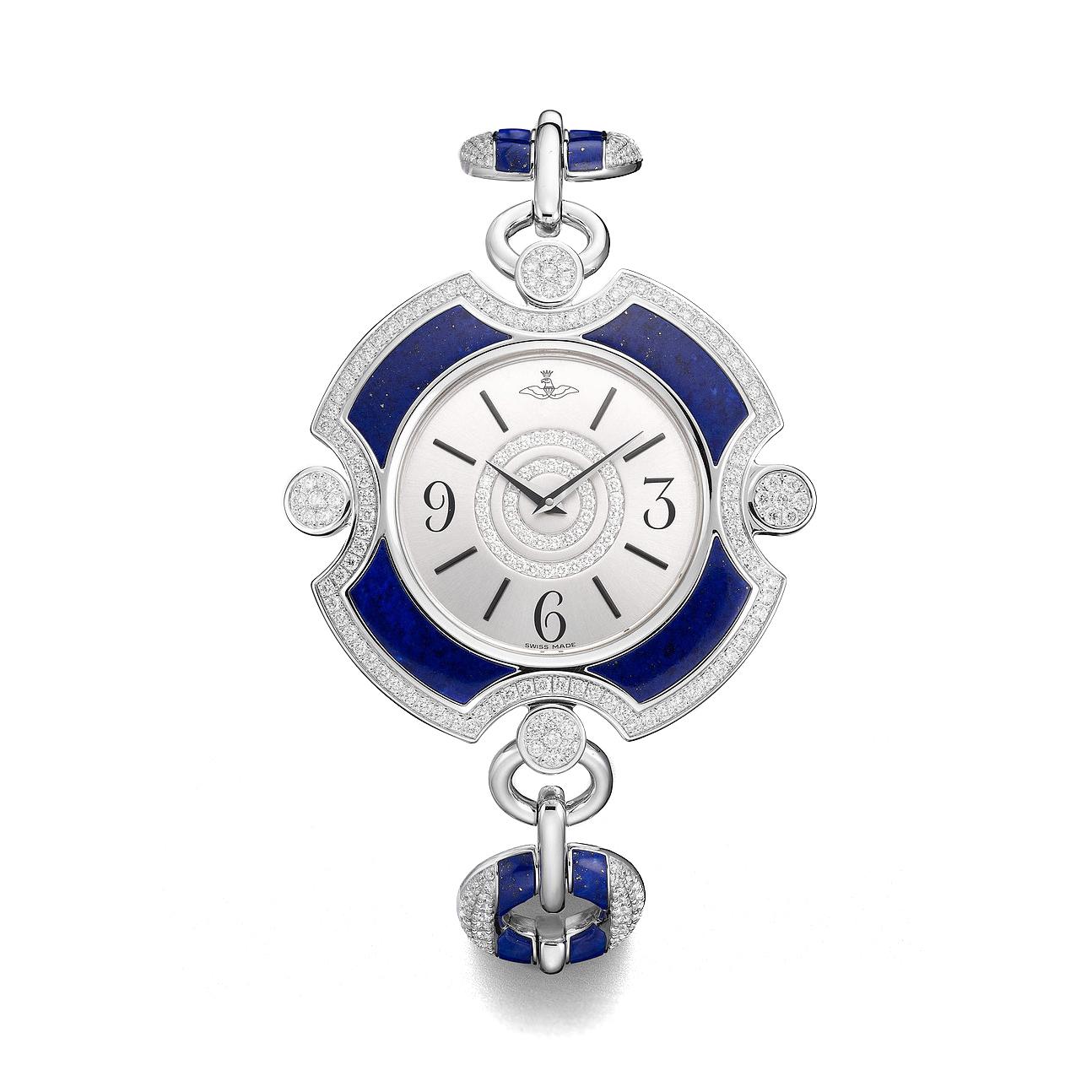 Watch in white gold 18kt set with 12 lapis luzuli  3.02 cts,case dial and bracelet set with 264 diamonds 3.02 cts quartz movement.             

We do not guarantee the functioning of this watch.