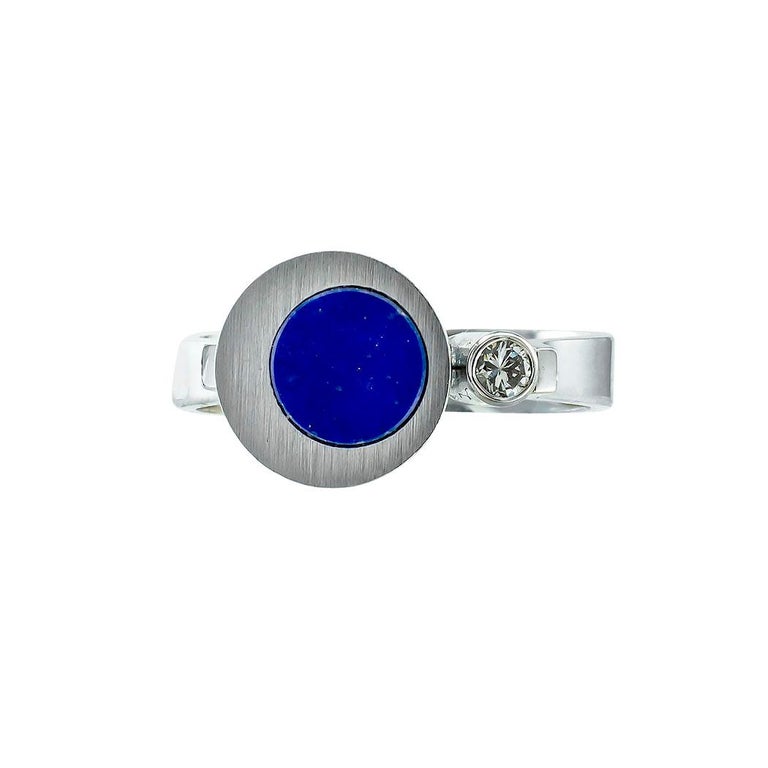 Round Cut Lapis Lazuli Diamond White Gold Art Modern Ring For Sale