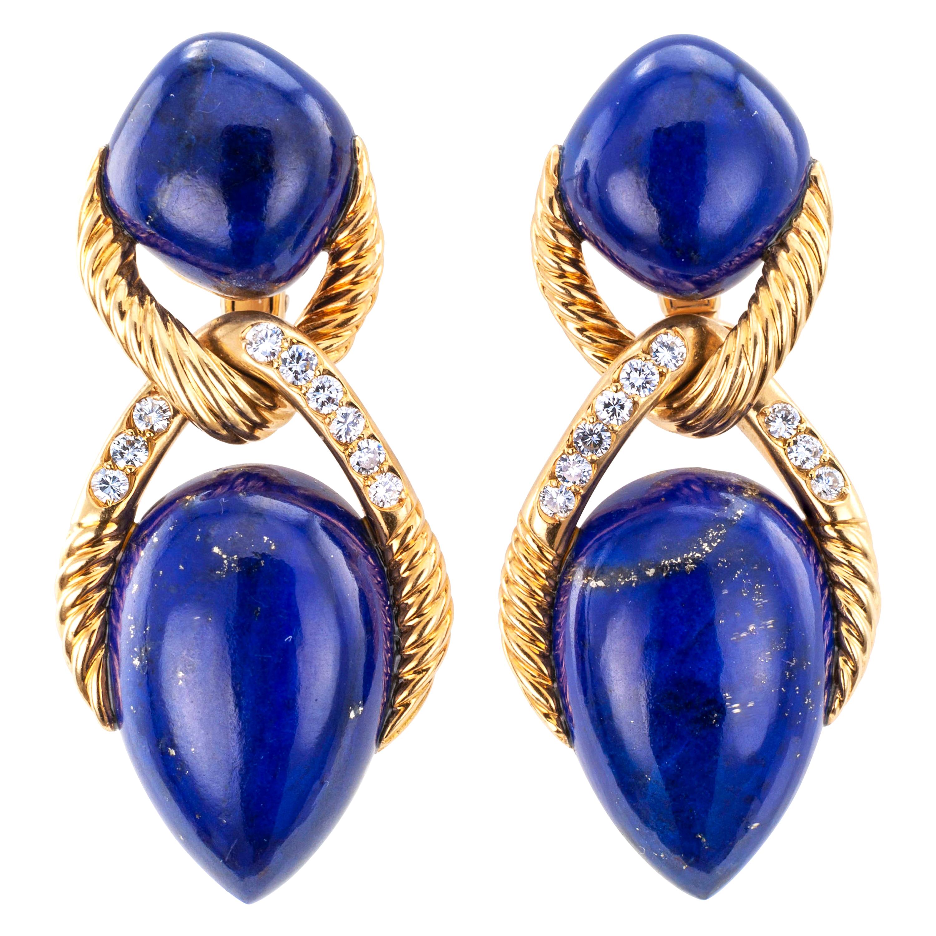 Lapis Lazuli Diamond Yellow Gold Drop Clip-On Earrings
