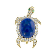 Lapis Lazuli Diamonds Emeralds Gold Turtle Clip-Brooch