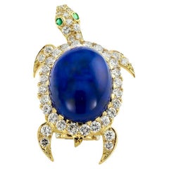 Lapis Lazuli Diamonds Emeralds Gold Turtle Clip-Brooch
