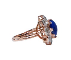 Lapis Lazuli, Diamonds, Rose Gold and Silver Flower Ring.