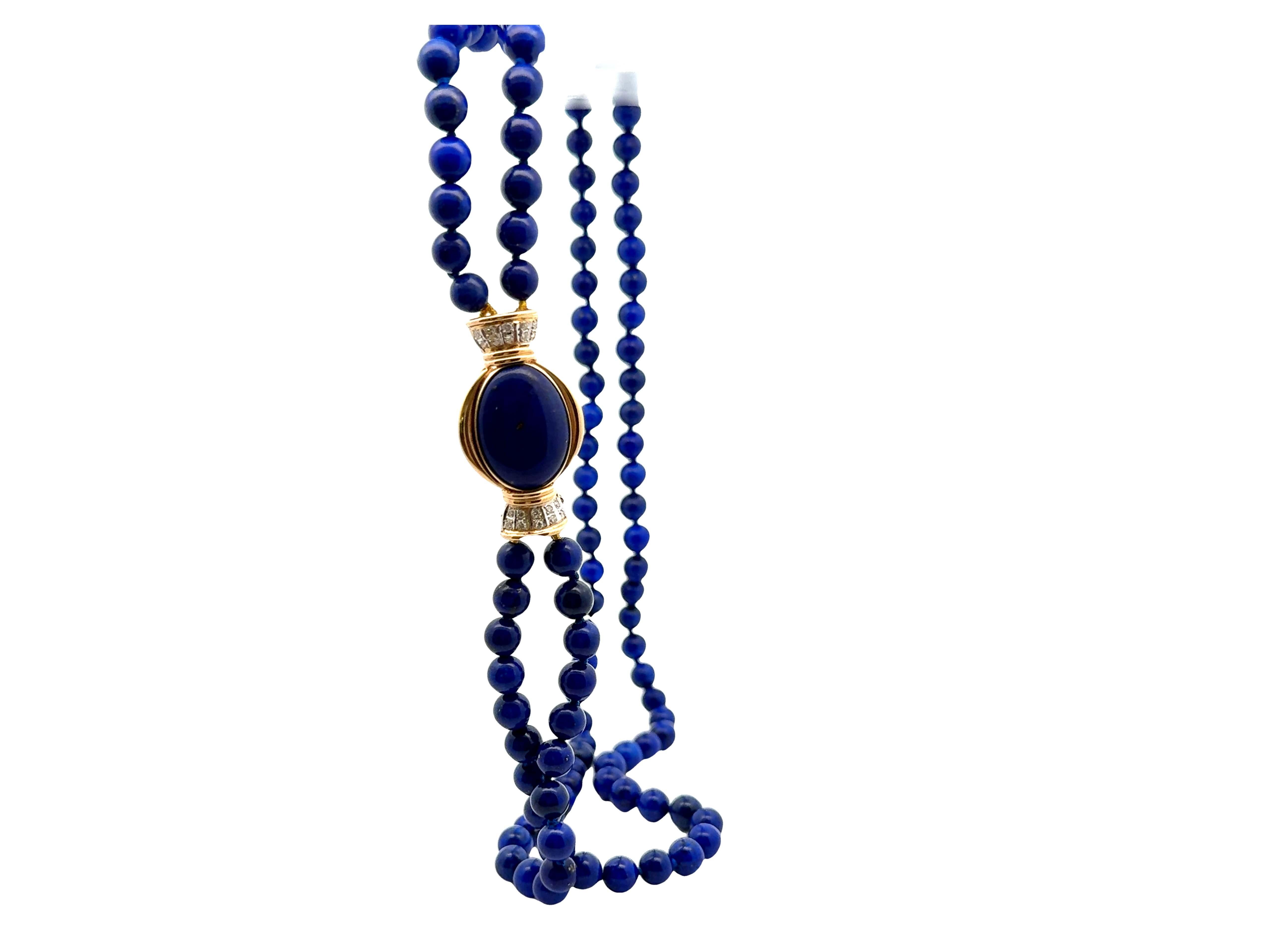 Modern Lapis Lazuli Double Stranded Beaded Necklace Diamond Clasp 14k Yellow Gold For Sale