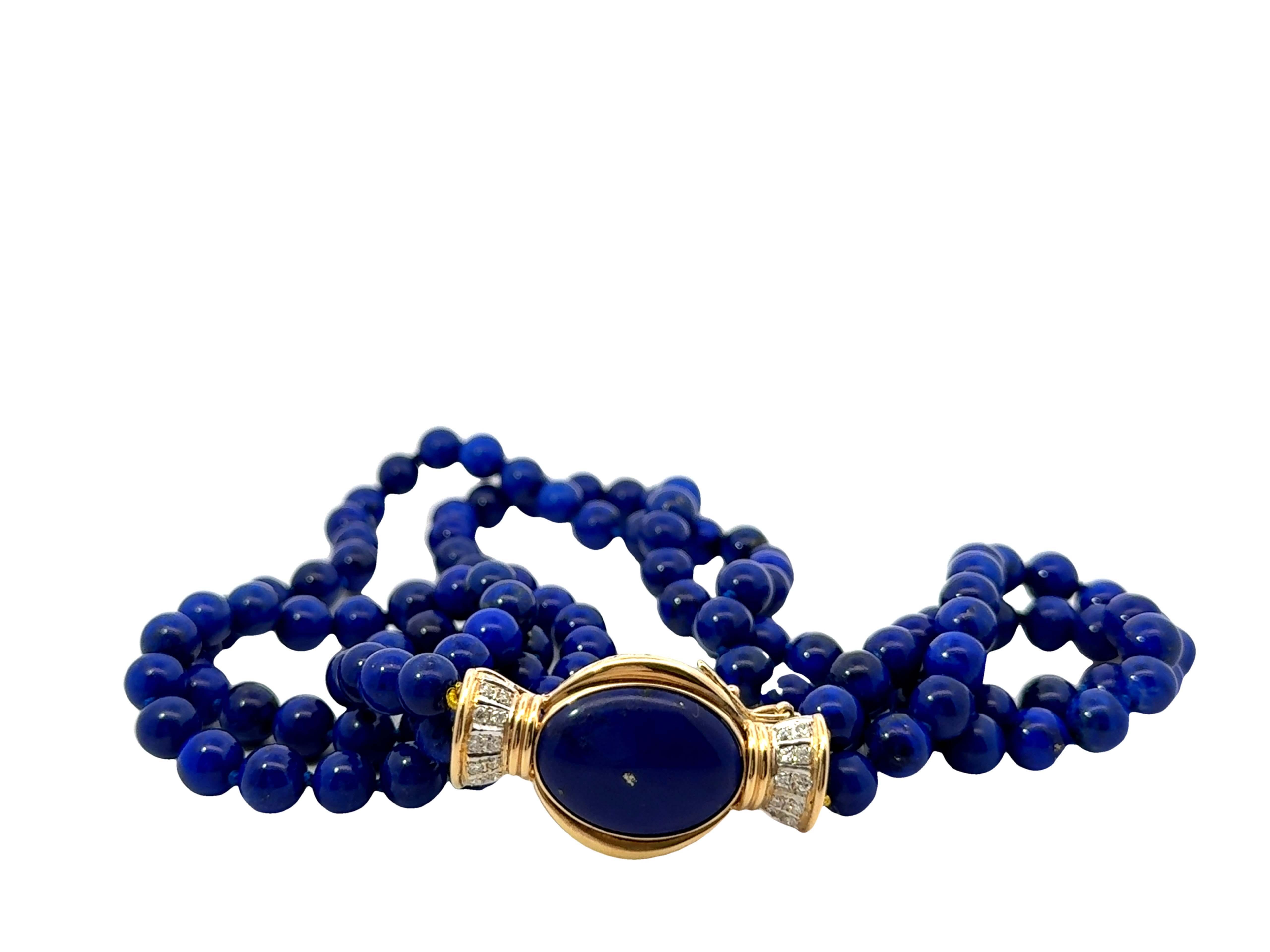 Round Cut Lapis Lazuli Double Stranded Beaded Necklace Diamond Clasp 14k Yellow Gold For Sale