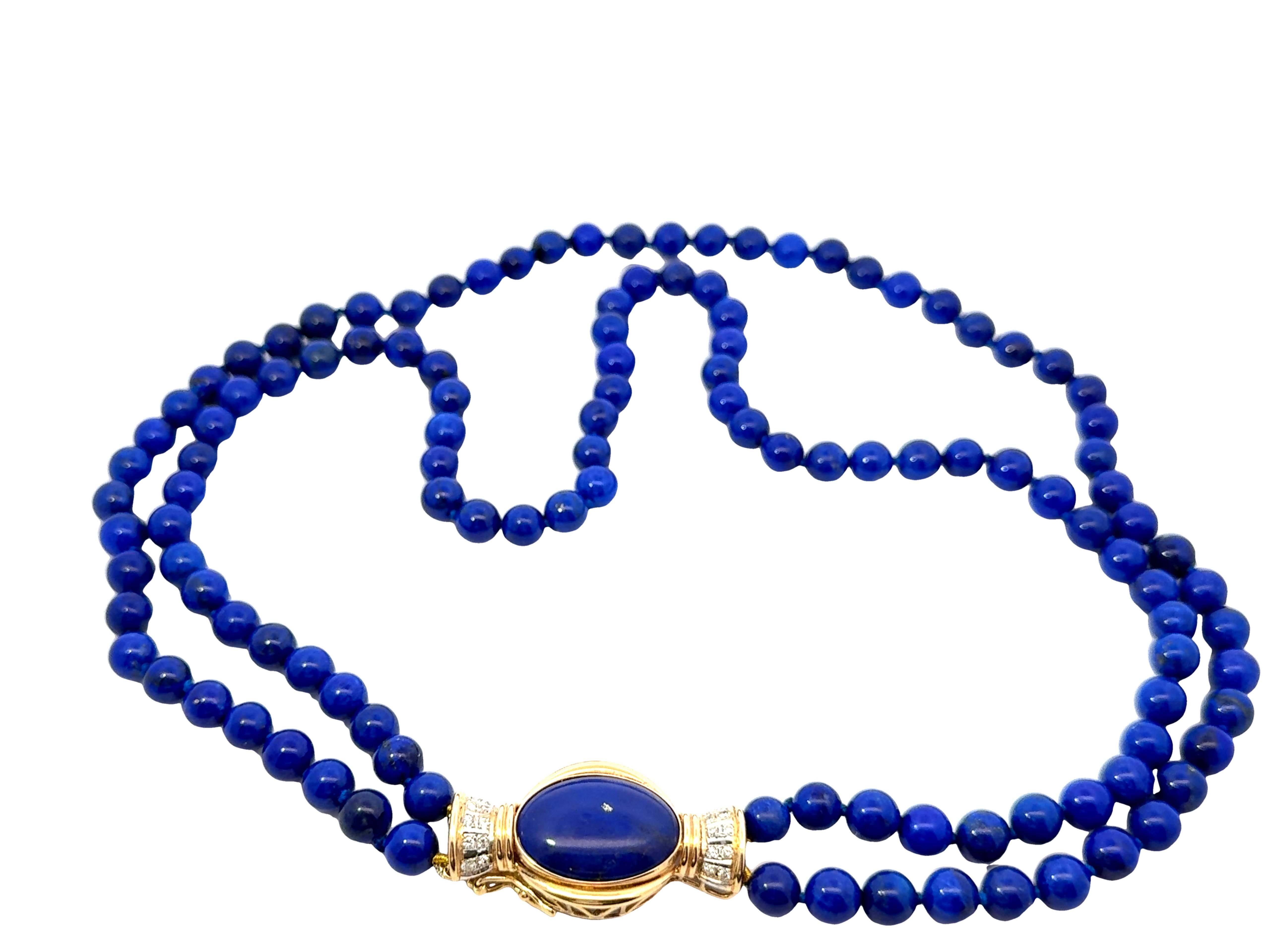Lapis Lazuli Double Stranded Beaded Necklace Diamond Clasp 14k Yellow Gold In Excellent Condition For Sale In Honolulu, HI