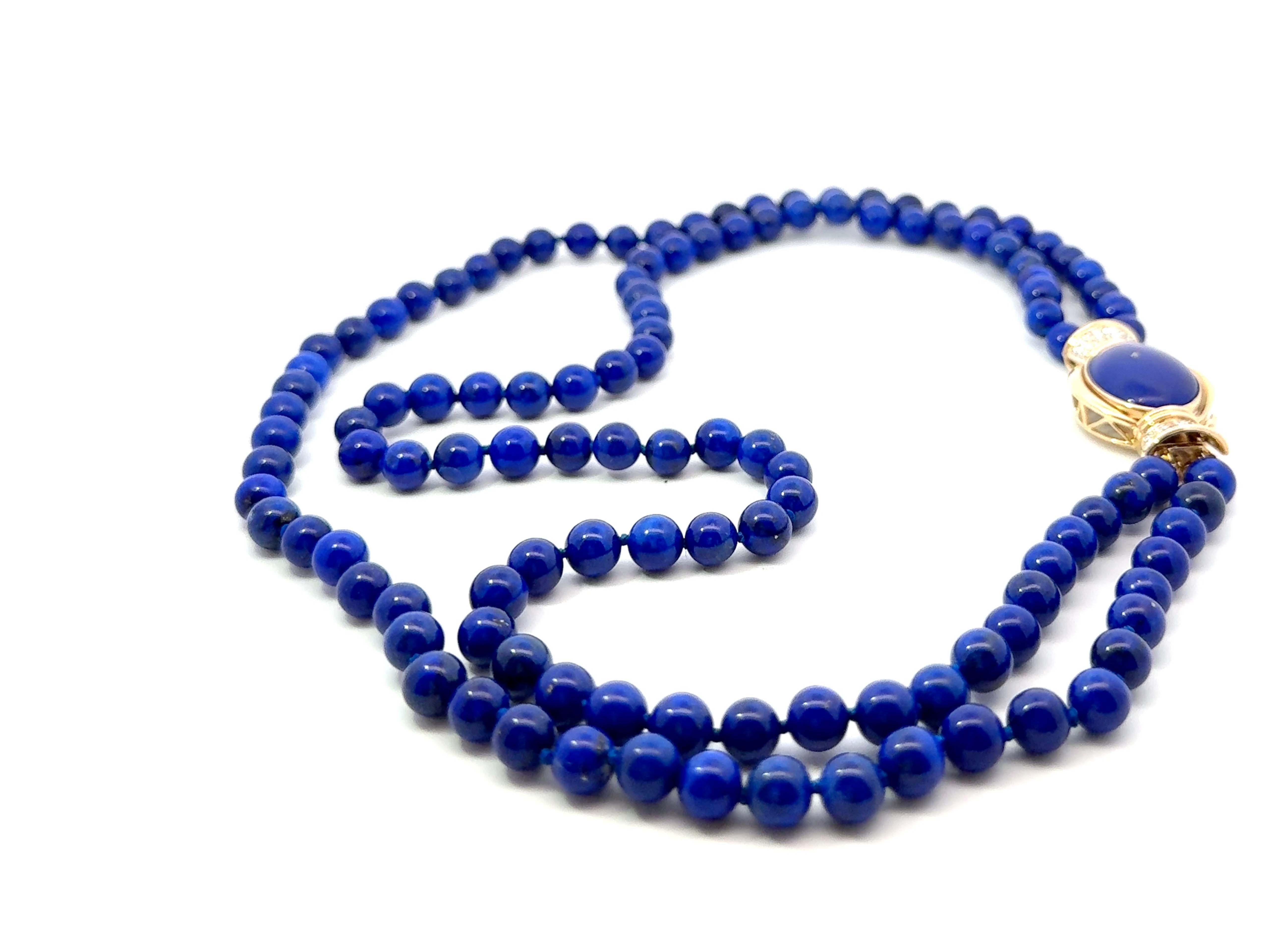 Women's Lapis Lazuli Double Stranded Beaded Necklace Diamond Clasp 14k Yellow Gold For Sale