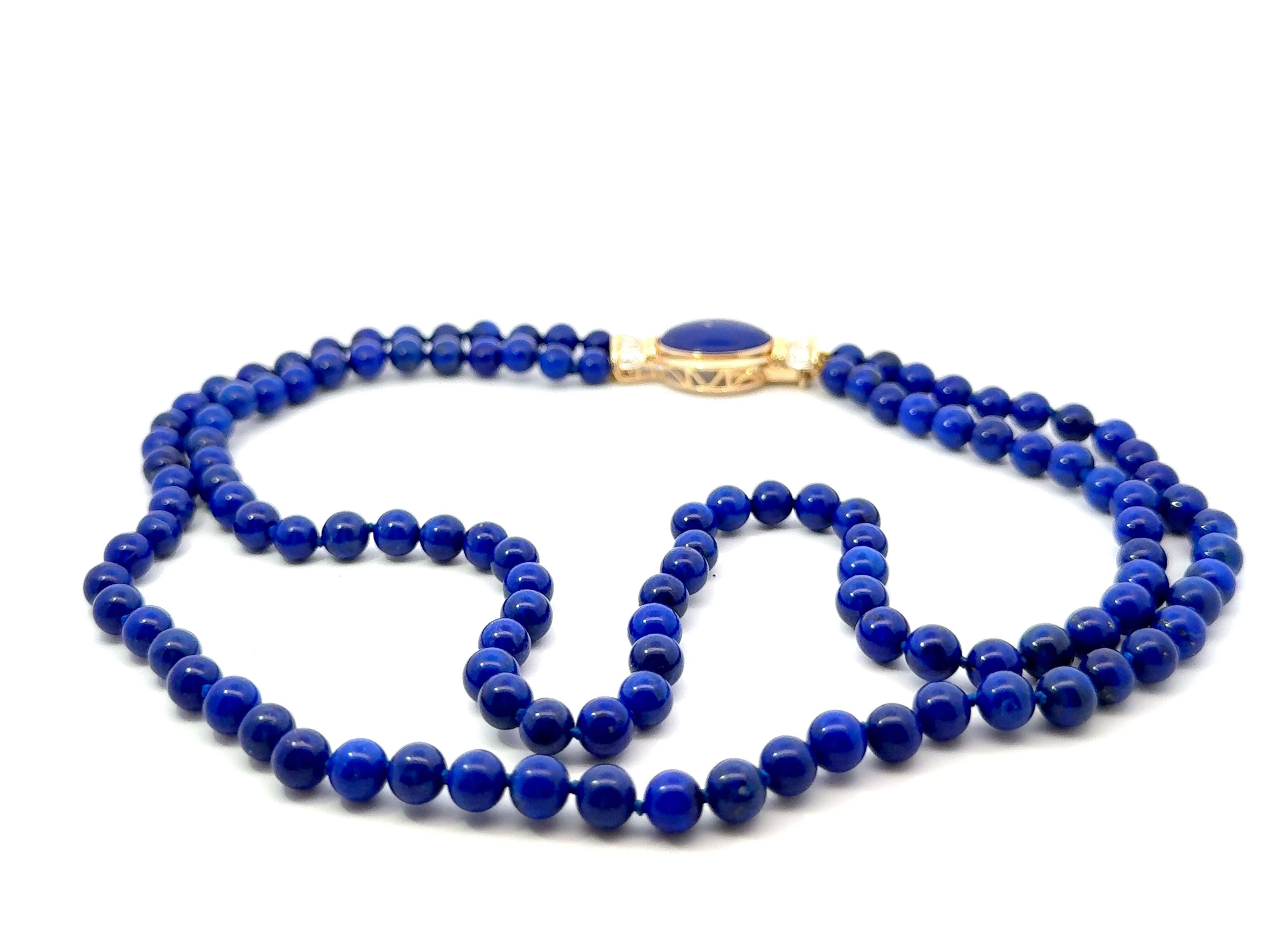Lapis Lazuli Double Stranded Beaded Necklace Diamond Clasp 14k Yellow Gold For Sale 1