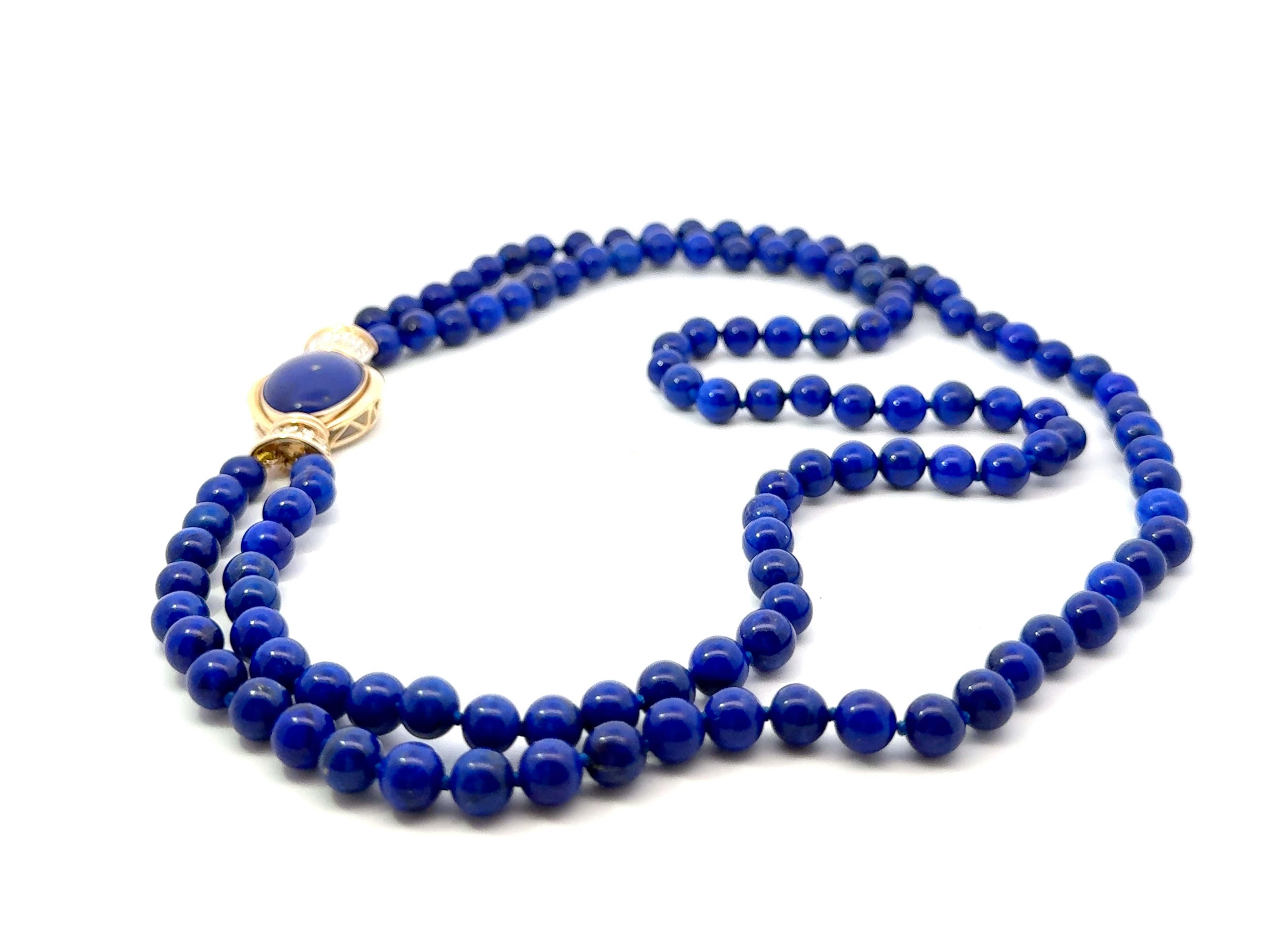 Lapis Lazuli Double Stranded Beaded Necklace Diamond Clasp 14k Yellow Gold For Sale 2