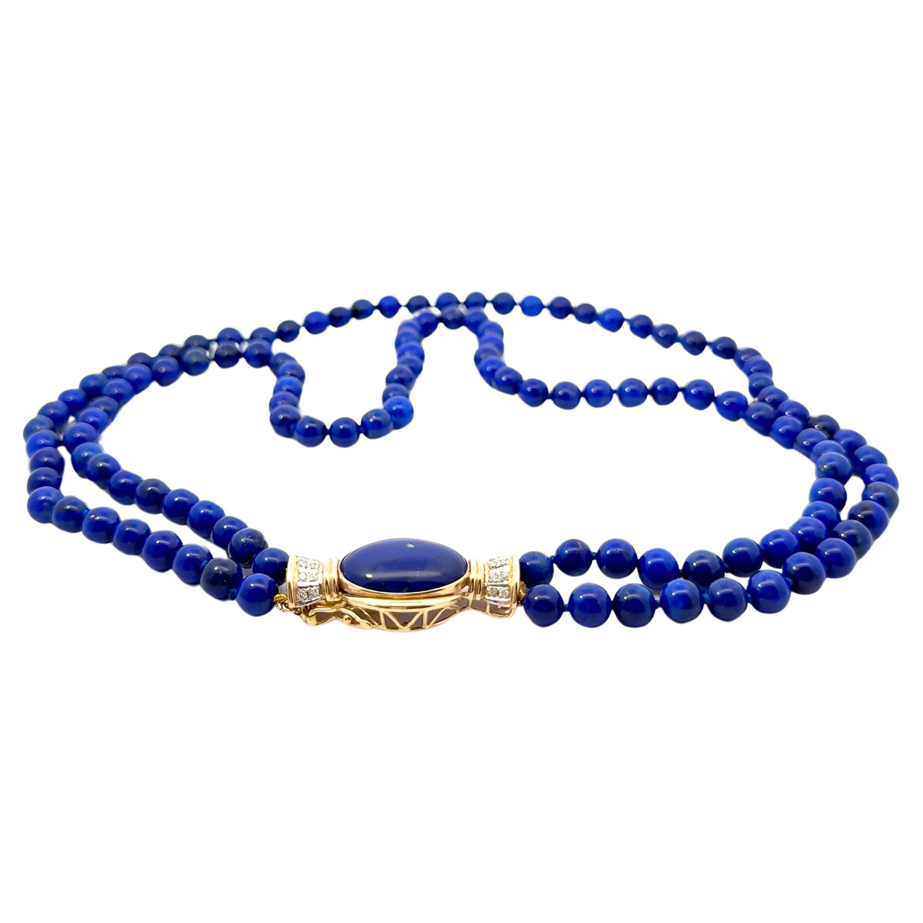 Lapis Lazuli Double Stranded Beaded Necklace Diamond Clasp 14k Yellow Gold For Sale