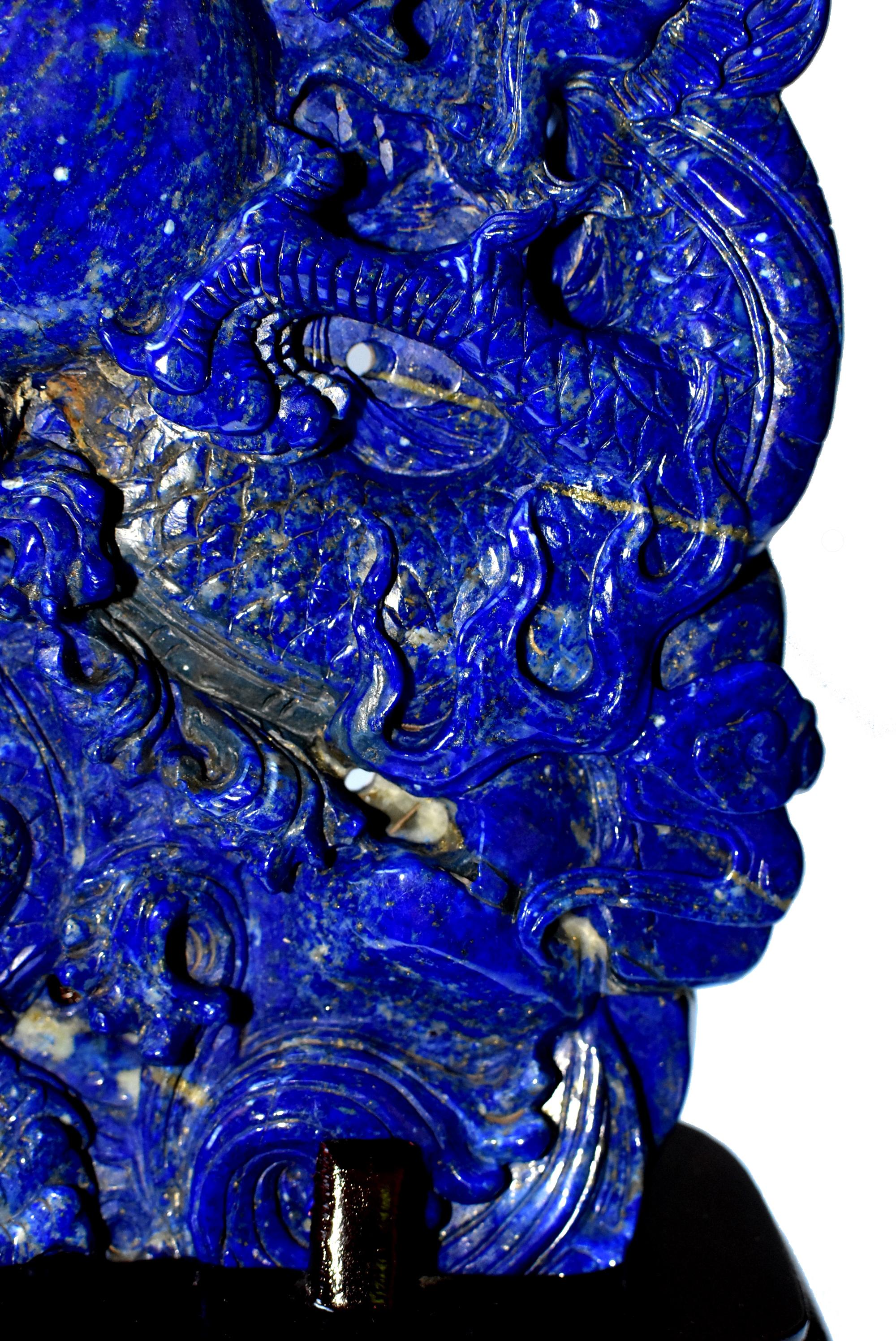 Hand-Carved Lapis Lazuli Dragons Statue, 4.6 Lb, Finest Grade