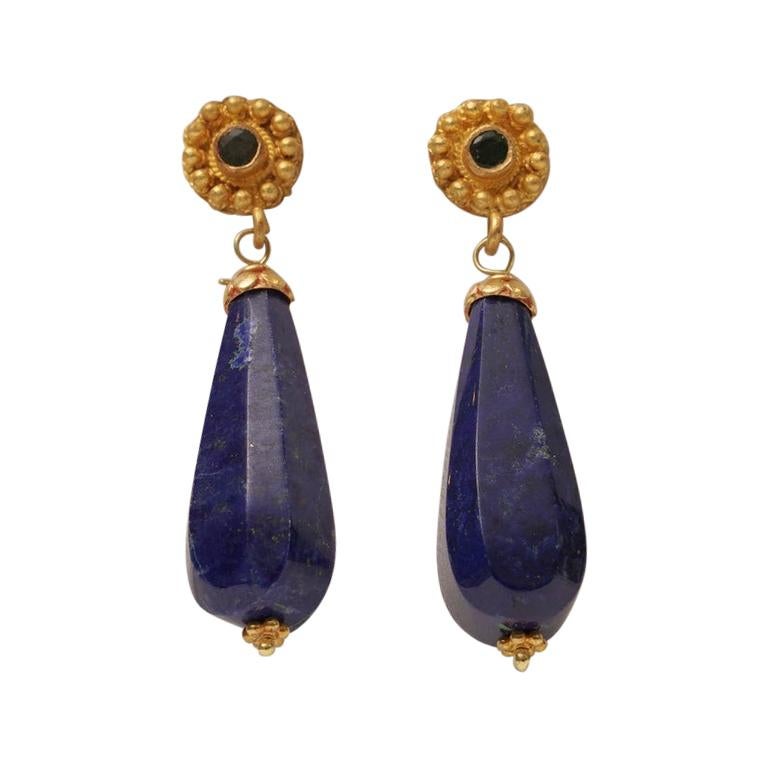 Lapis Lazuli Drop Earring with 22K Gold & Emerald Post Deborah Lockhart Phillips