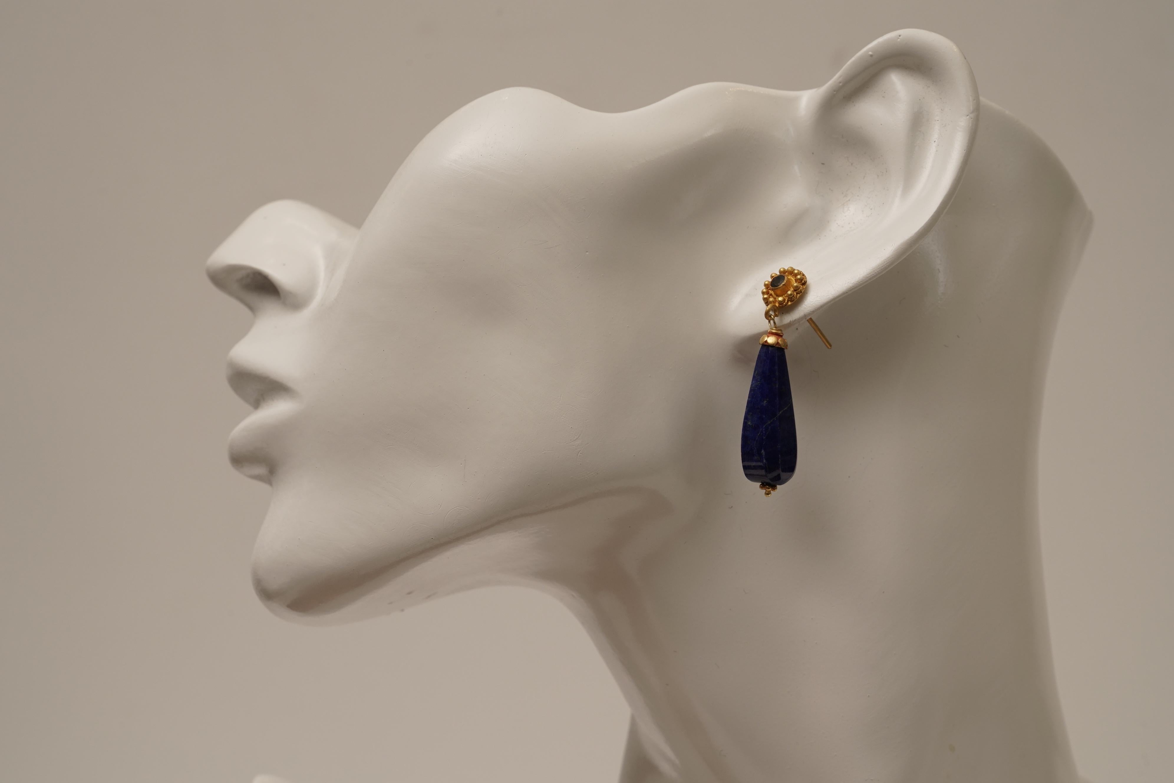 Lapis Lazuli Drop Earring with 22K Gold & Emerald Post Deborah Lockhart Phillips In Good Condition In Nantucket, MA