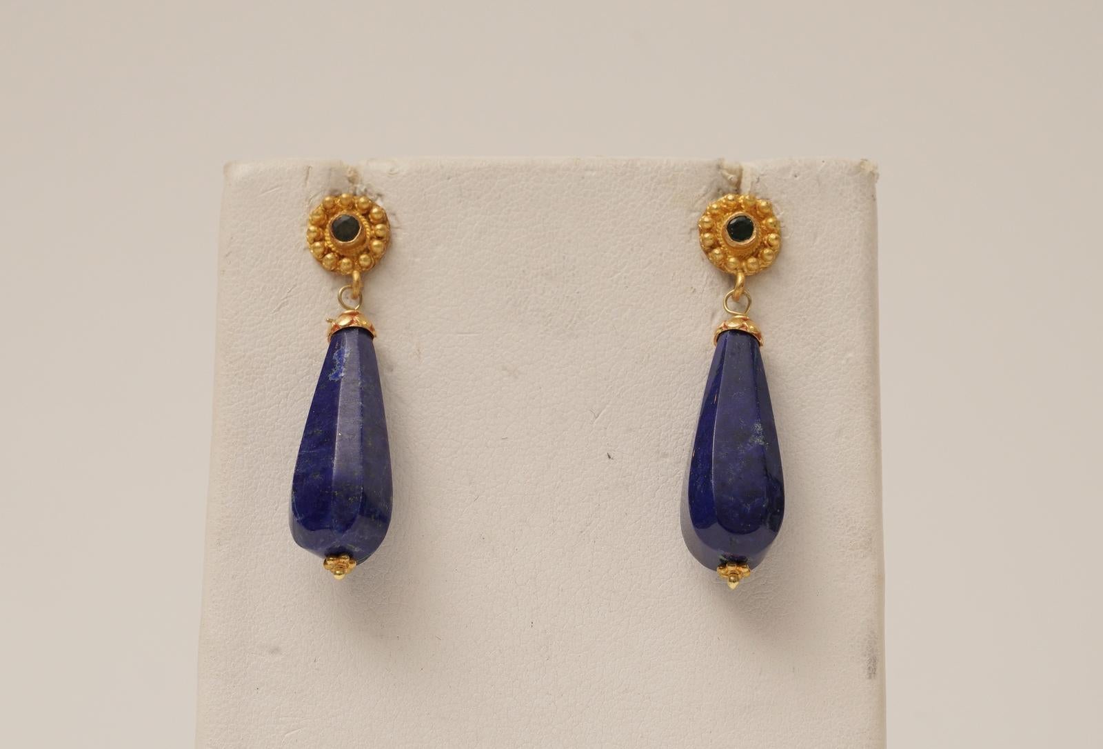 Lapis Lazuli Drop Earring with 22K Gold & Emerald Post Deborah Lockhart Phillips 1