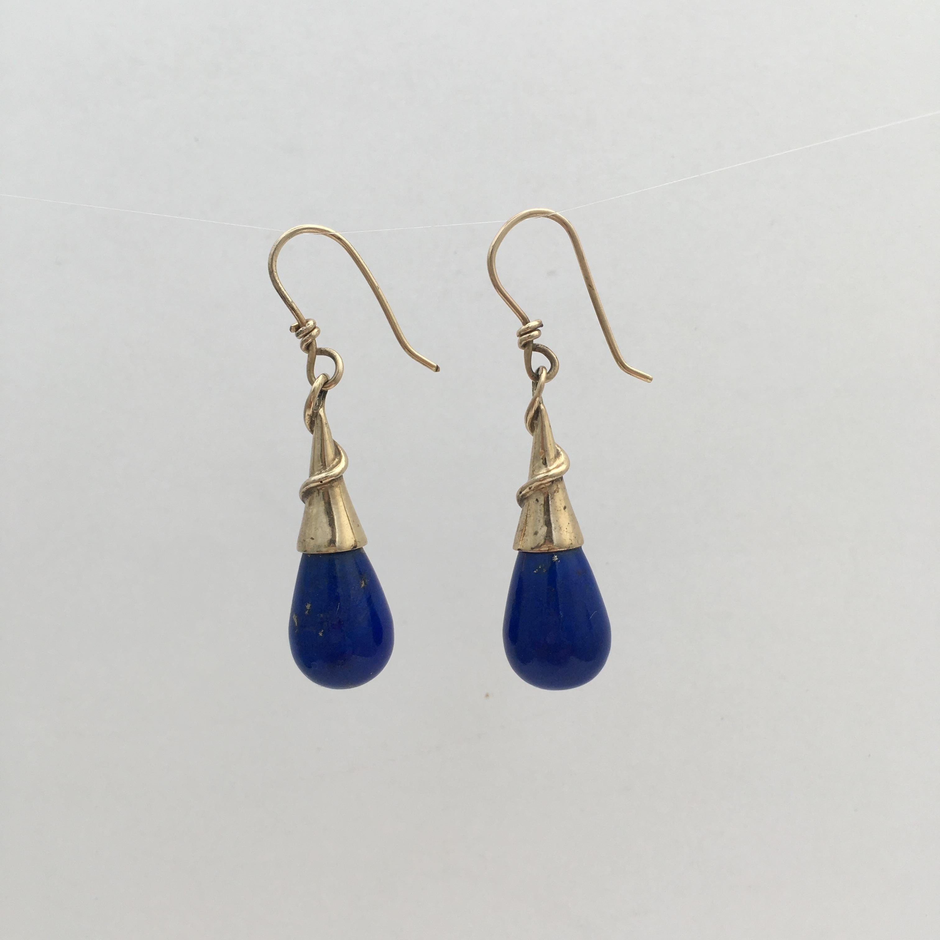 Lapis Lazuli Drop Earrings Torpedo Vintage Gold Jewelry Cobalt Blue Modernist For Sale 5