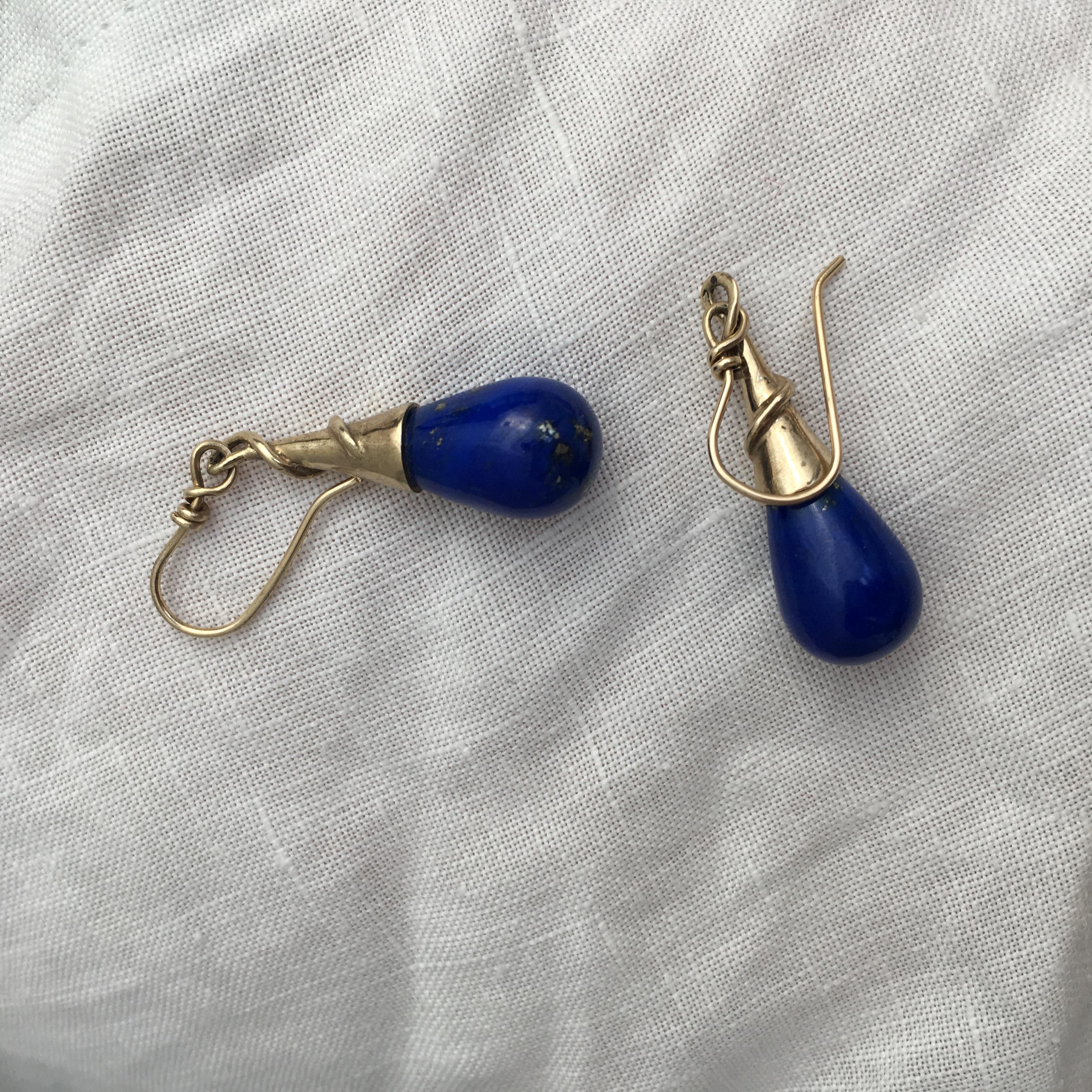 Lapis Lazuli Drop Earrings Torpedo Vintage Gold Jewelry Cobalt Blue Modernist For Sale 6