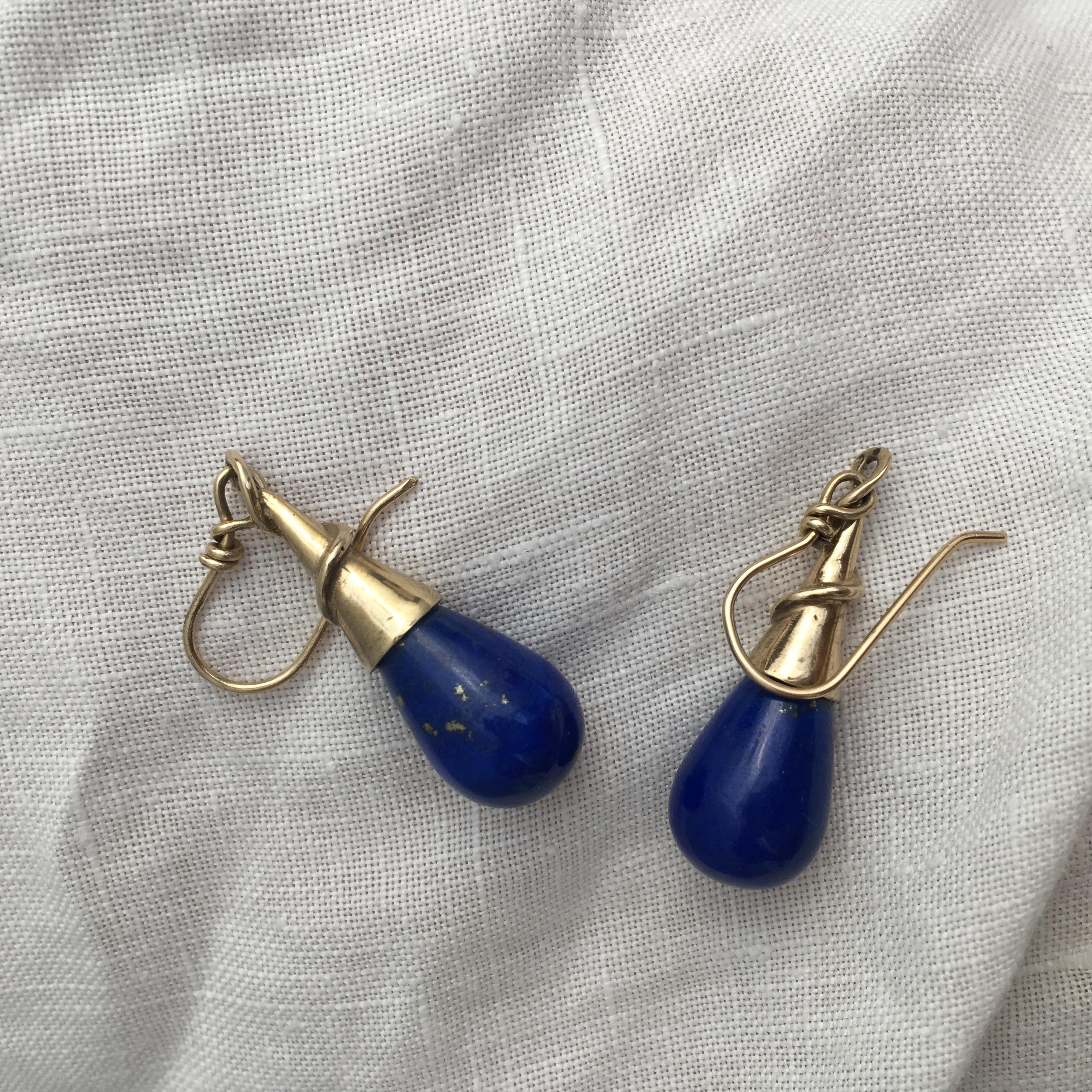Lapis Lazuli Drop Earrings Torpedo Vintage Gold Jewelry Cobalt Blue Modernist For Sale 7