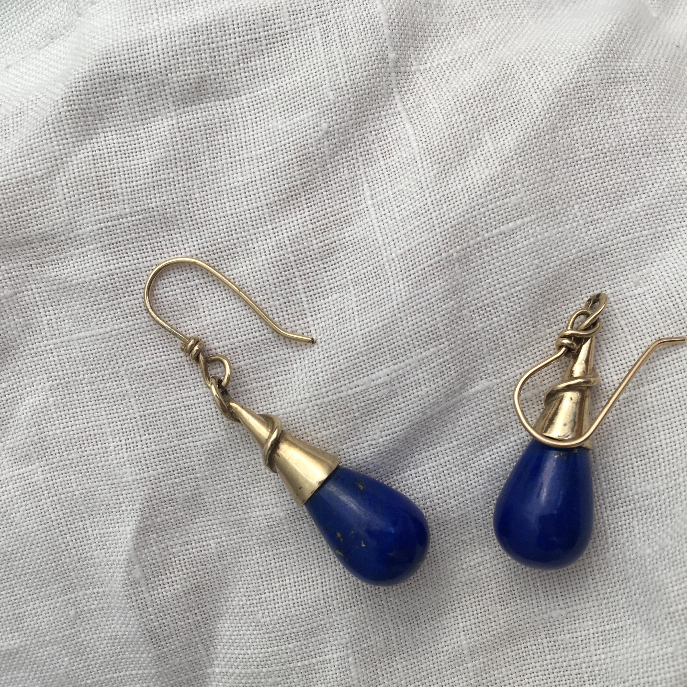 Lapis Lazuli Drop Earrings Torpedo Vintage Gold Jewelry Cobalt Blue Modernist For Sale 8