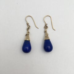 Lapis Lazuli Drop Earrings Torpedo Vintage Gold Jewelry Cobalt Blue Modernist